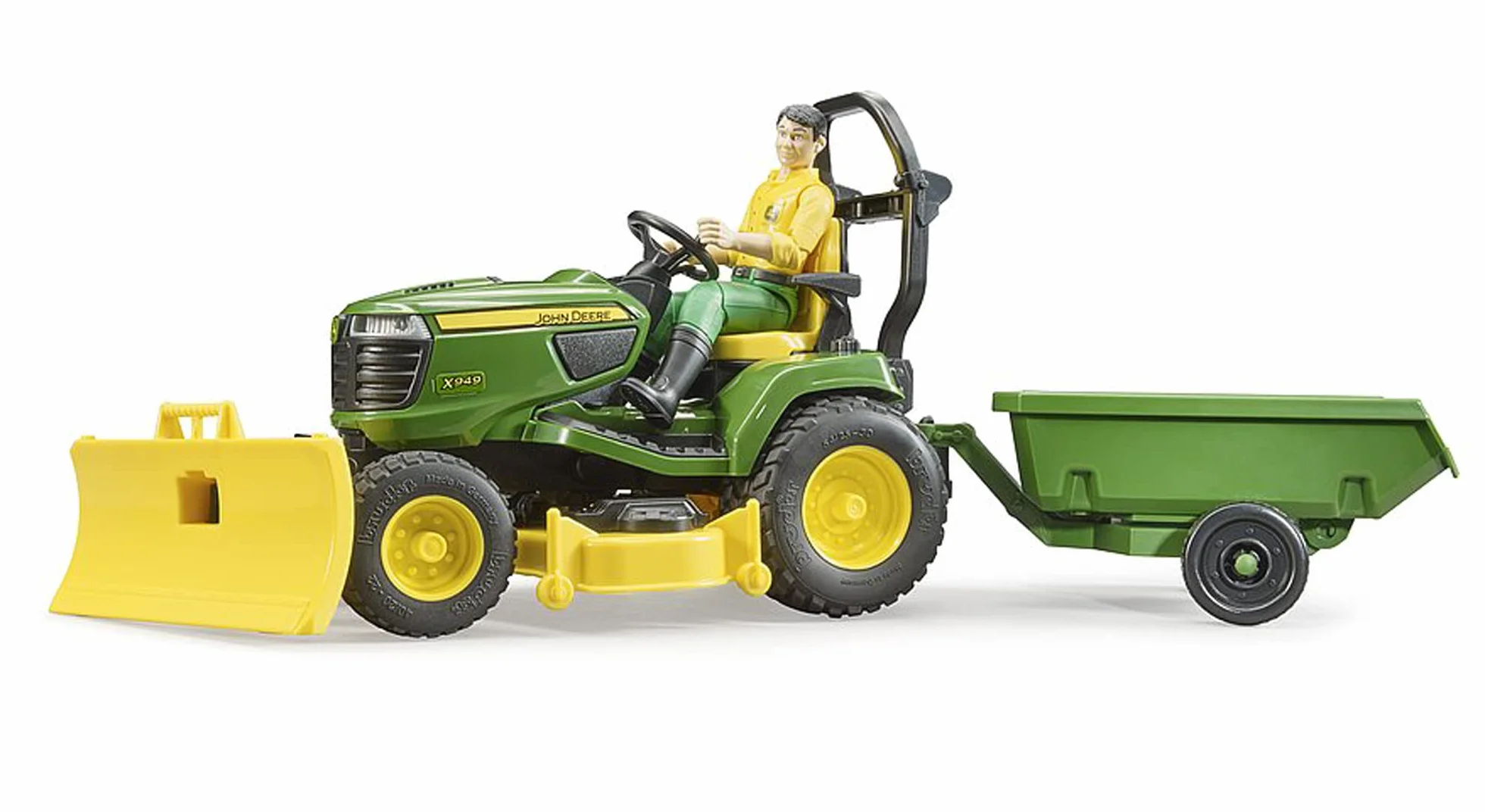 bruder 62104 - Bworld John Deere Traktor ogrodowy z przyczepą i ogrodnikiem - 1:16 Traktor, kosiarka, przyczepa, gospodarstwo, mężczyzna, zabawka figurkowa, pracownik, rolnik