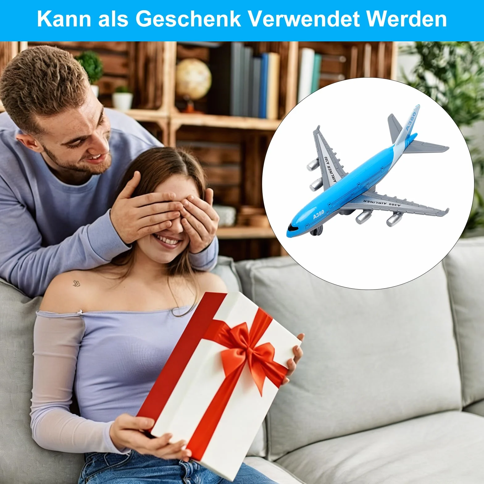 Airbus A380 zabawka do samolotu – mini metalowy model samolotu z funkcją wyciągania dla dzieci od 3 lat, plandeka powietrzna dla dzieci, idealna jako zabawka na lotnisku i prezent (długość 14 cm