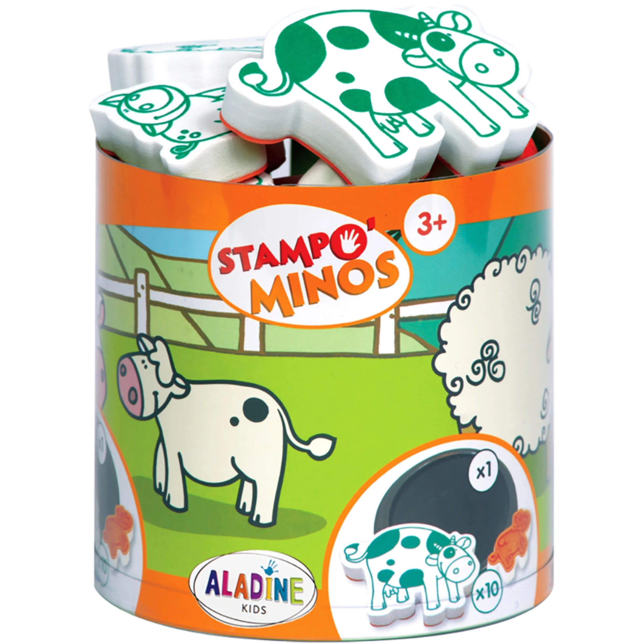 Aladine - 10 tamponów dla zwierząt gospodarskich z atramentem - Wkładki dla dzieci od 3 lat - Stampominos - Zmywalny tusz - Krowa Świnia Kurczak Koń, Aktywność Dziecko Rysunek Chłopiec Dziewczynka
