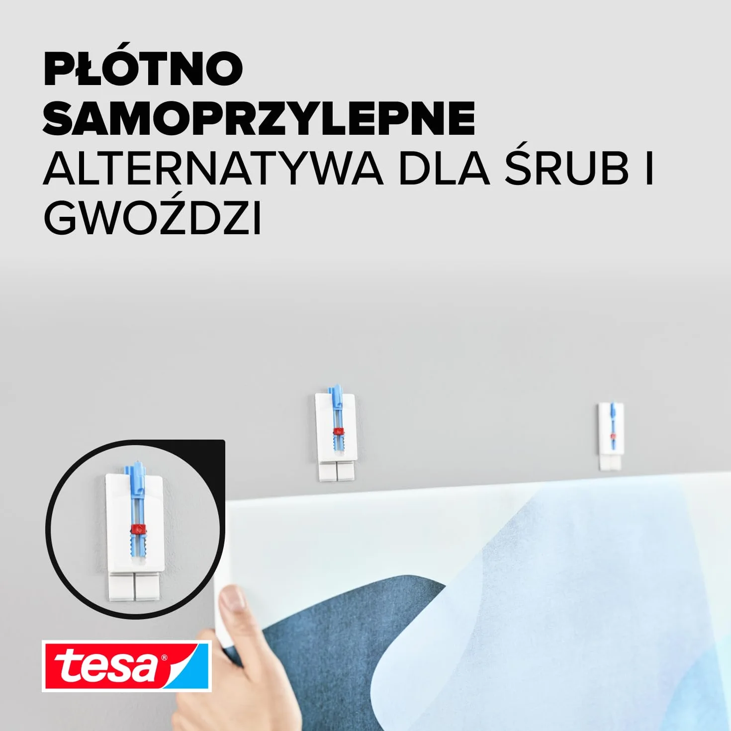 Tesa Gwóźdź samoprzylepny, tapety i tynk, 3 sztuki, regulacja wysokości, samoprzylepny gwóźdź – idealny do płótna i blejtramu – udźwig 2 kg/gwoździe – nie pozostawia śladów po usunięciu, 3 x 2 gwoździe
