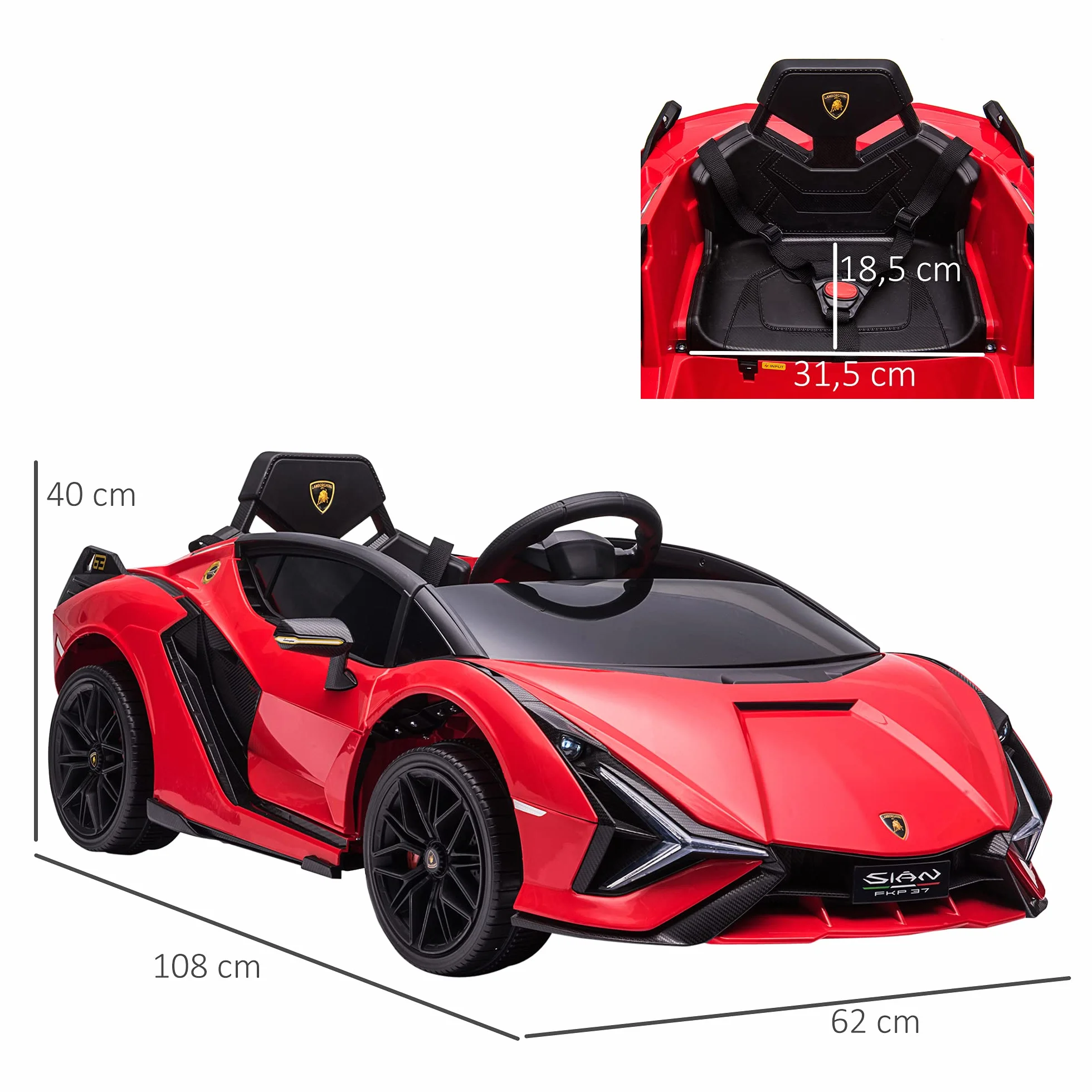 HOMCOM Licencjonowany samochód elektryczny dla dzieci Supercar Lamborghini Sian 12 V - V. Max. 5 km/h z pilotem 2,4G Efekty dźwiękowe + czerwone światło