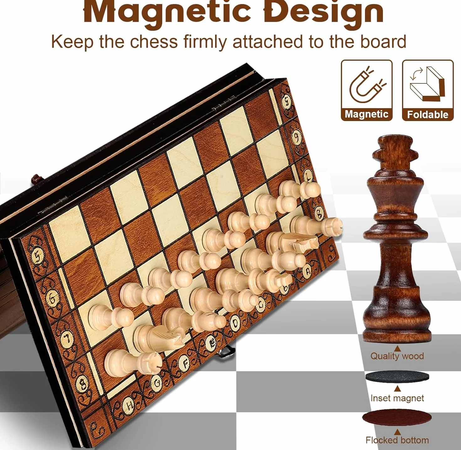 Składany magnetyczny drewniany zestaw szachów 3 w 1 do zajęć rodzinnych, imprez, dla dorosłych i dzieci, podróży, gier strategicznych (29 x 29 cm)
