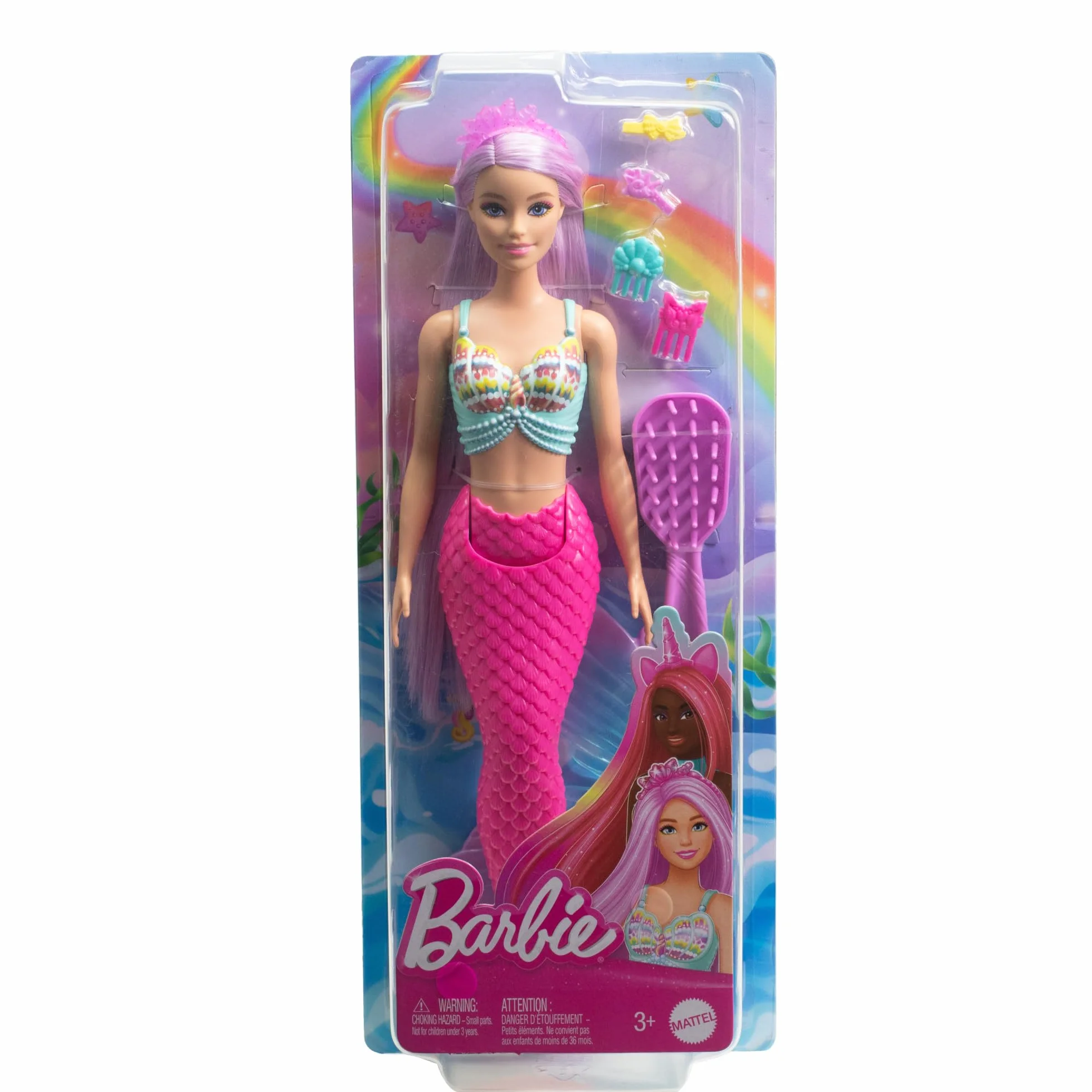 Barbie Syrenka Lalka Długie włosy (pastelowy róż, prawie 18 cm długości) + kolorowe akcesoria do stylizacji, takie jak opaska i spinki do włosów, HRR00
