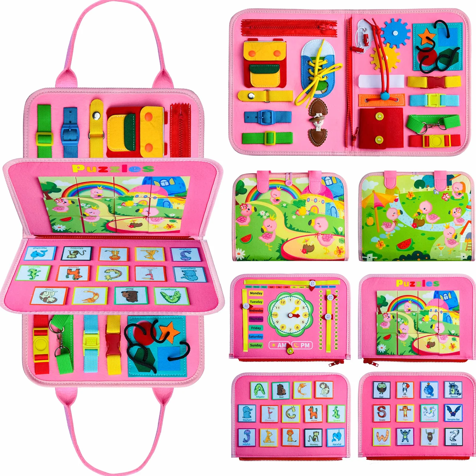 Busy Board Montessori 8 stron, gry Montessori dla dzieci 1, 2, 3 4 lata, różowa zabawka edukacyjna dla dzieci, tablica sensoryczna Montessori, tablica aktywnościowa z puzzlami