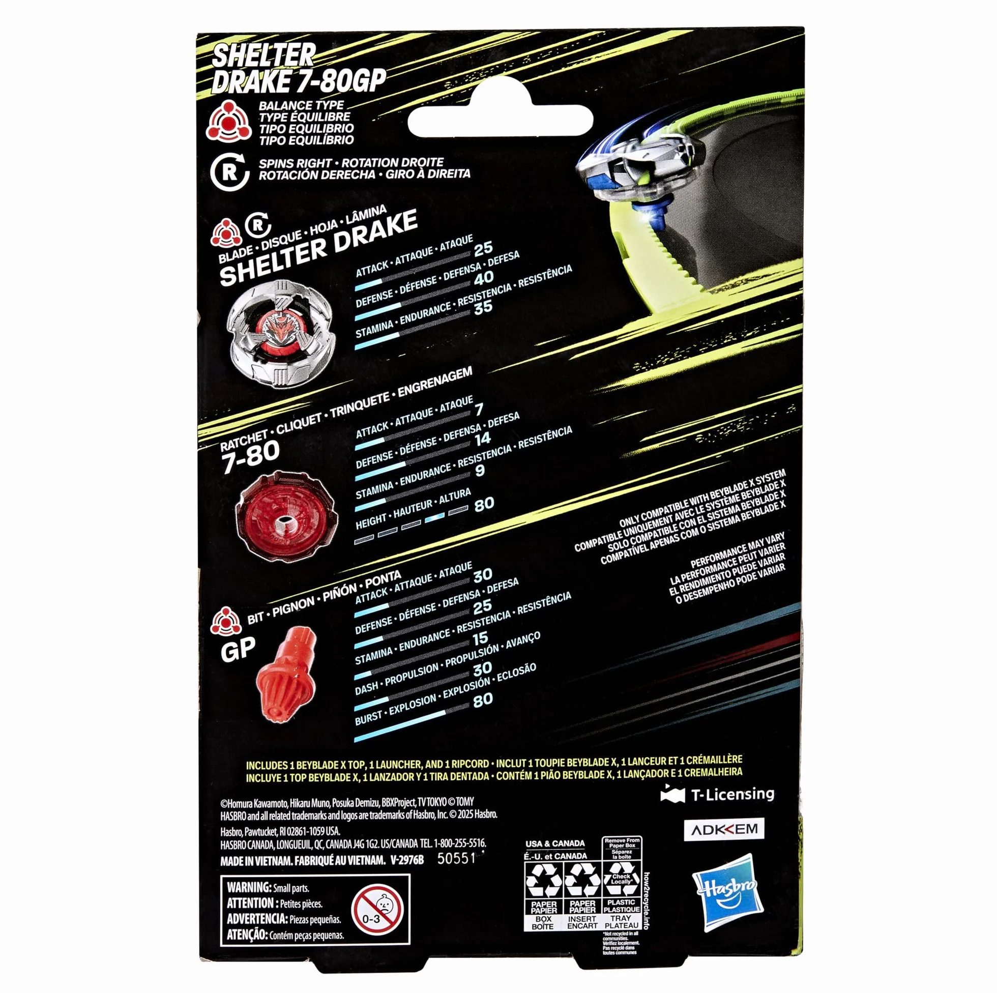 Pakiet startowy Beyblade X Shelter Drake 7-80GP BX, bączek i wyrzutnia