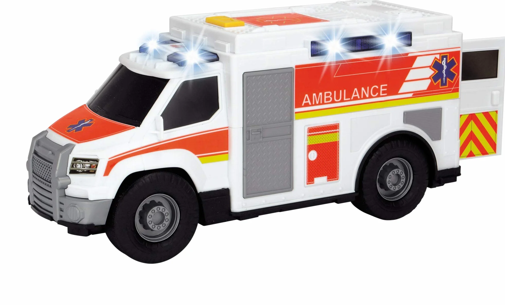 Dickie Toys 203306002 Ambulans Zabawkowa karetka, wózek ratowniczy, otwierane tylne drzwi, światło i realistyczne dźwięki, w zestawie baterie, rozmiar 30 cm, prezent dla dzieci od 3 lat