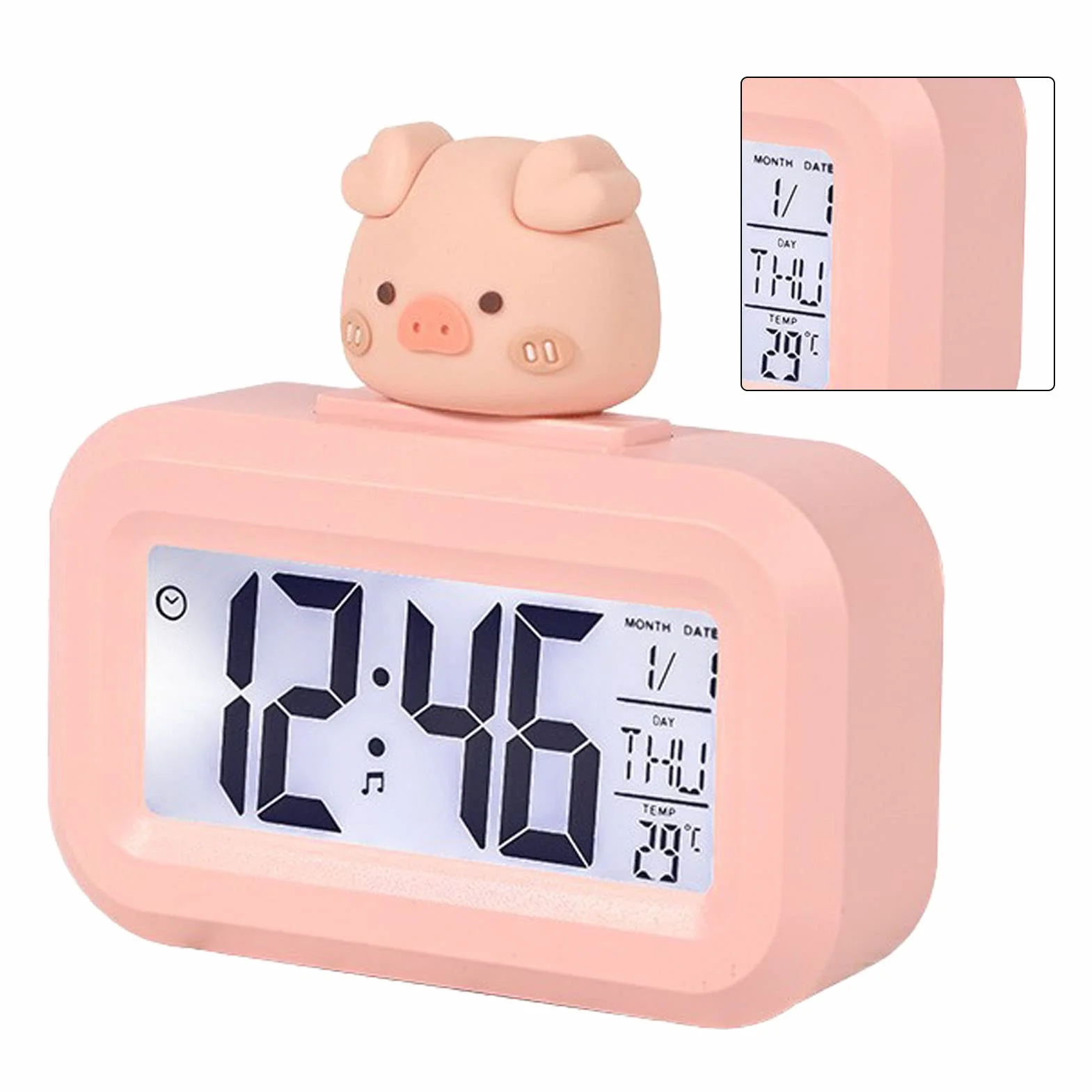 Śliczny Elektroniczny Alarm, Rysunkowy Ekran LED, Elektroniczny Zegar, Wyraźny Wyświetlacz, Ochrona Oczu, Cyfrowy do Sypialni Dziecięcej (Różowa świnka)