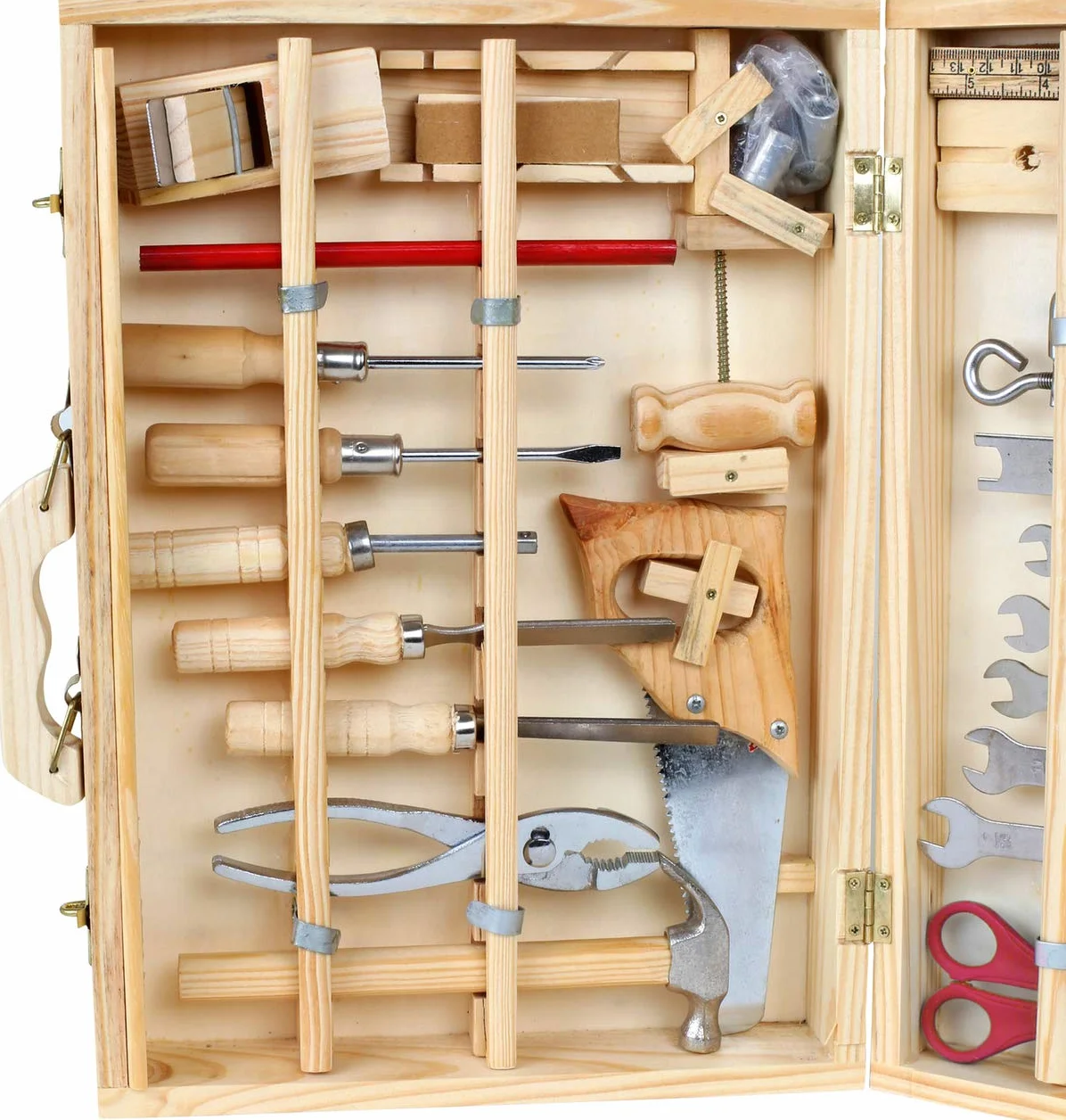 Small Foot Walizka narzędziowa Deluxe z drewna, z akcesoriami, takimi jak młotek, piła, strug i wiele więcej, od 6 lat, 2241 Toys, 37 x 29 x 8,5 cm