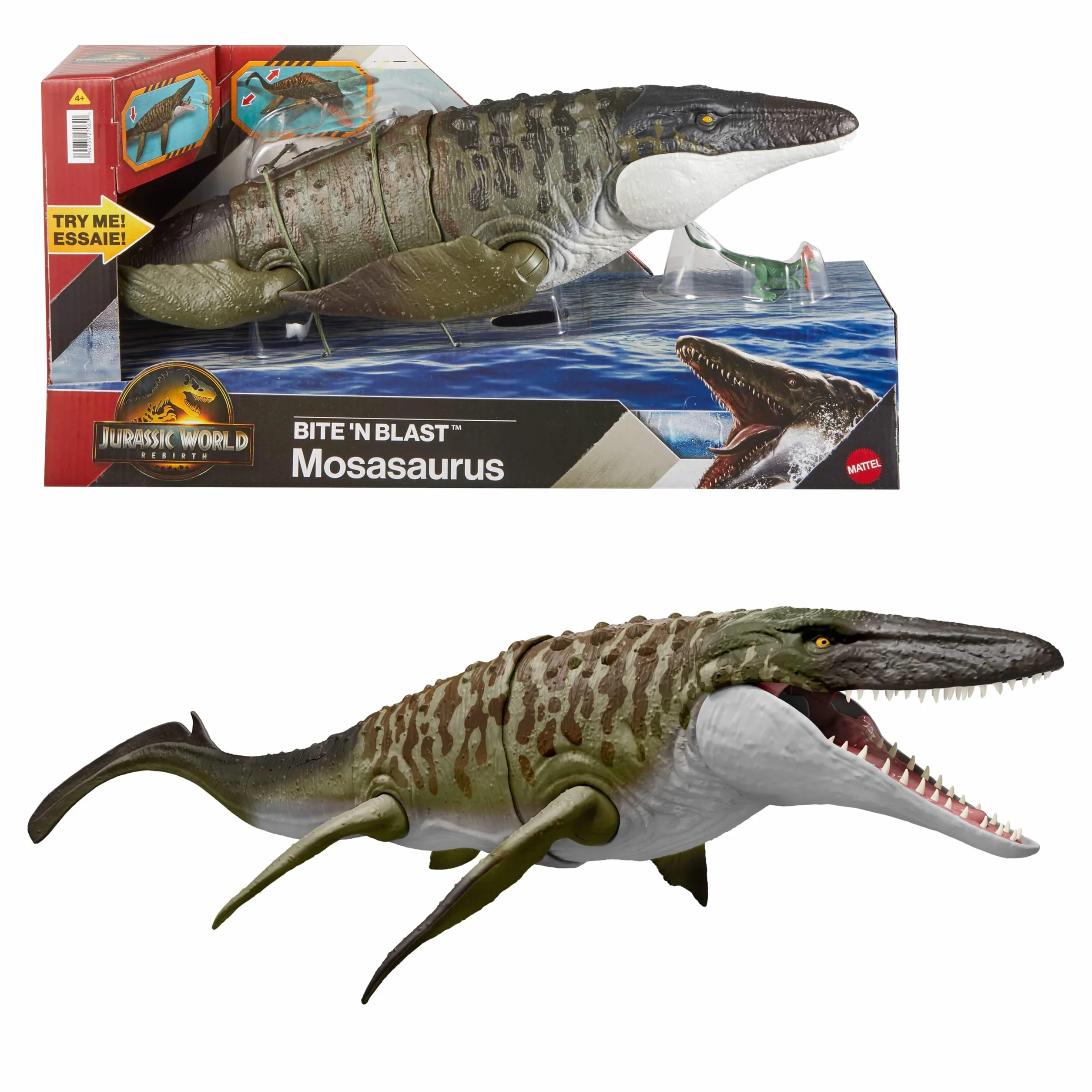 Mattel Jurassic World: Odrodzenie Mozazaur Atak paszczą Bite ‘n Blast Zestaw figurka Mozazaur z otwieraną szczęką oraz minifigurka Dilofozaur, zabawka dinozaur dla dzieci, zabawa wirtualna, JJP80