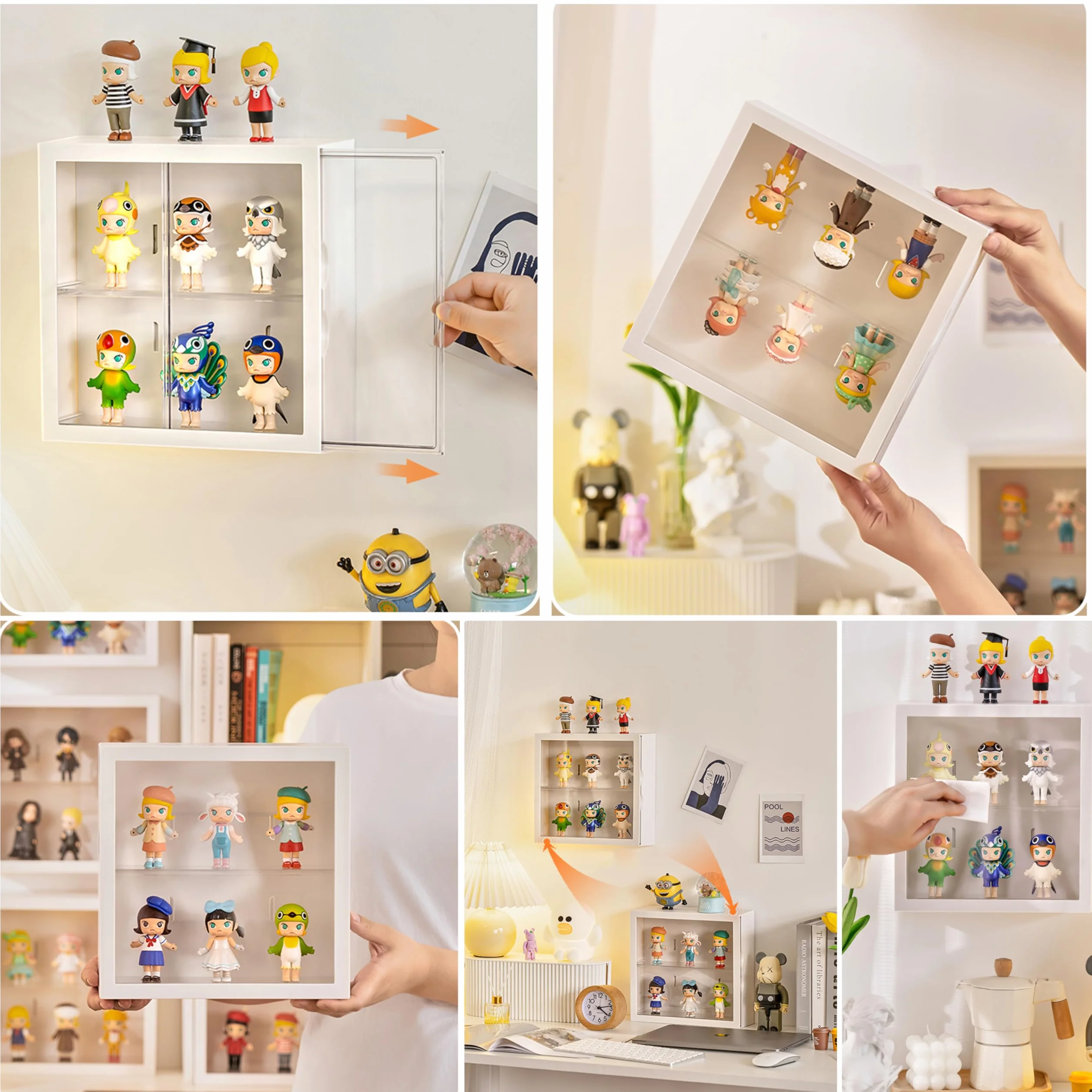 Azatemgo Naścienna witryna ekspozycyjna na przedmioty kolekcjonerskie, przezroczysta, pyłoszczelna, 2-poziomowa, do miniaturowych modeli samochodów, Lego, figurek, Funko Pops (24,5 x 24,5 x 8 cm