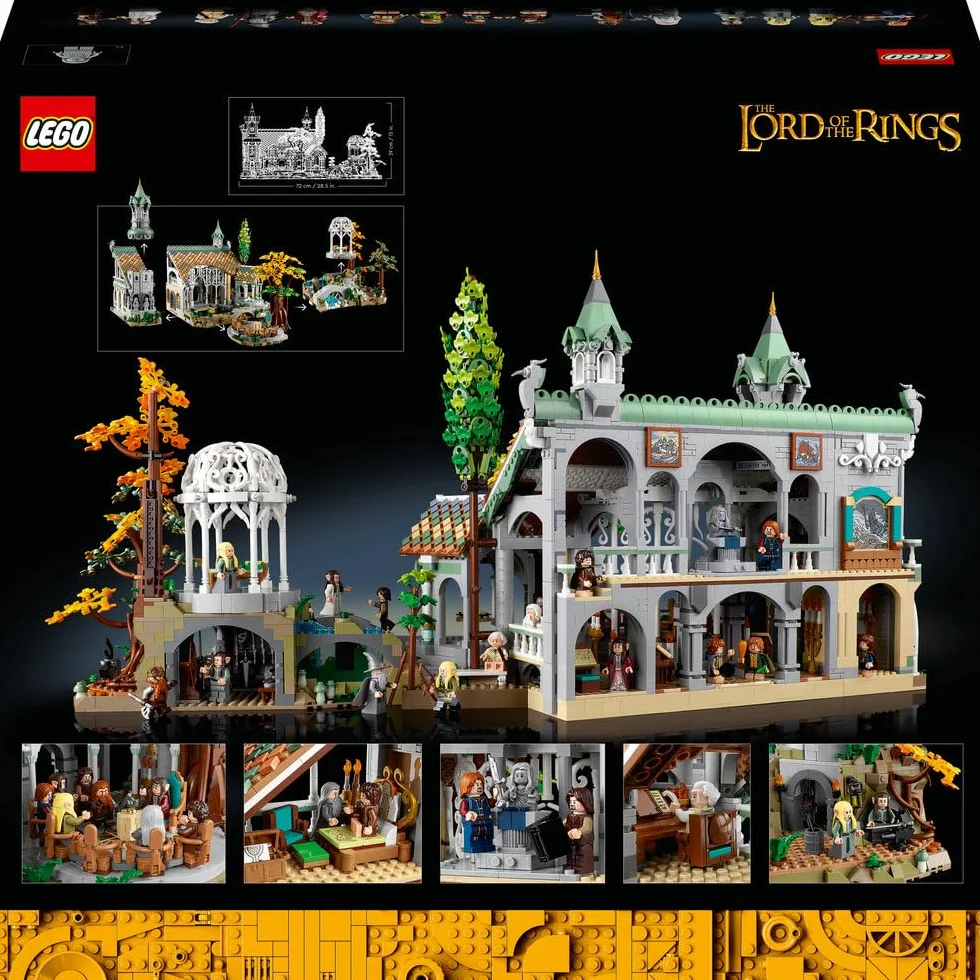 LEGO 10316 Icons WŁADCA PIERŚCIENI: RIVENDELL, duży zestaw klocków konstrukcyjnych dla dorosłych z 15 minifigurkami, w tym Frodo, Sam i Bilbo Baggins, replika Rivendell, pomysł na prezent