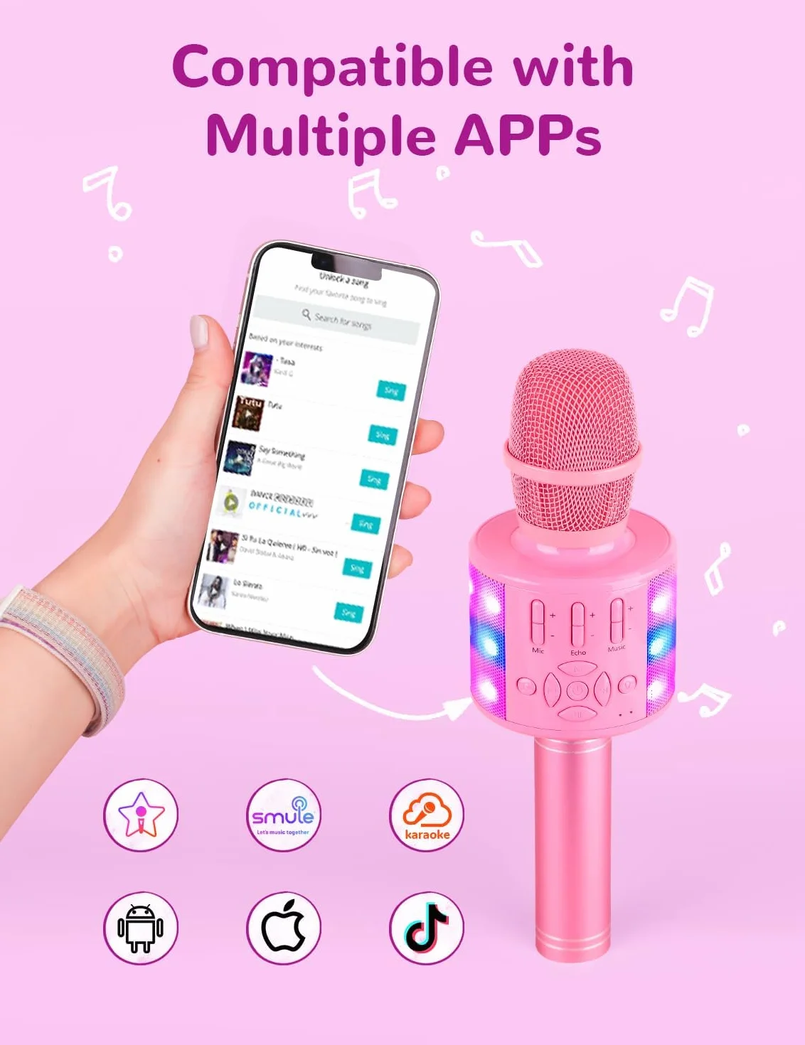 Ankuka bezprzewodowy mikrofon do karaoke, bluetooth, maszyna do karaoke, Home KTV Player, prezent dla dzieci, do systemu Android / iOS, z funkcją nagrywania, tańczące światła, magiczne dźwięki, różowy