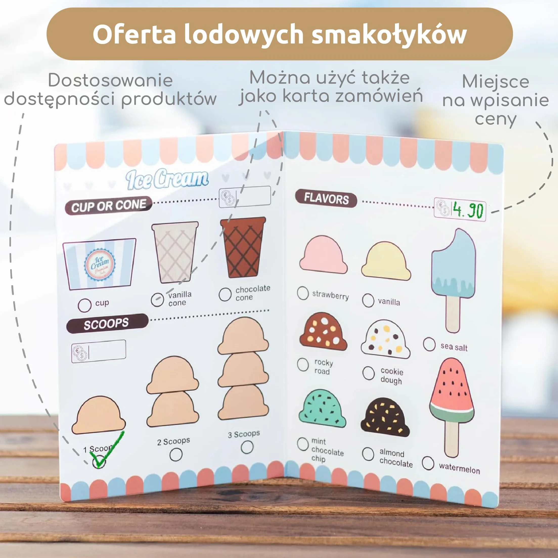 Drewniana Lodziarnia dla Dzieci z Akcesoriami Kuchennymi Zabawka Role