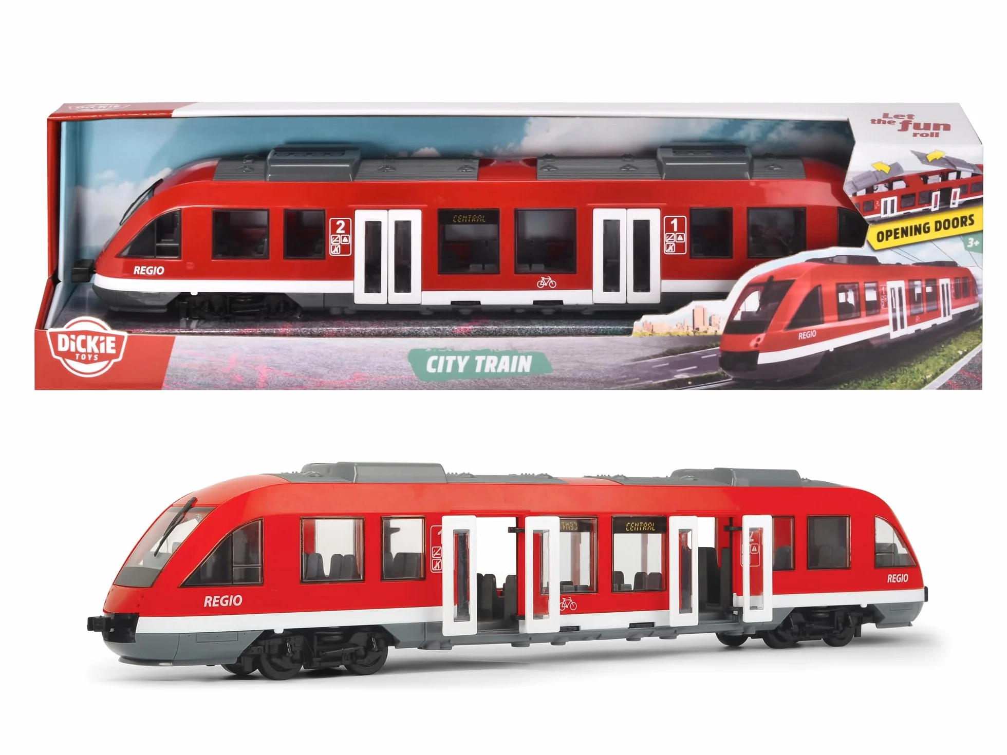 Dickie Toys 203748002 CITY Pociąg miejski wierna replika pełnowymiarowego pociągu, otwierane drzwi i dach, umeblowane wnętrze, skala: 1:43, długość: 45 cm, odpowiedni dla dzieci od 3 lat