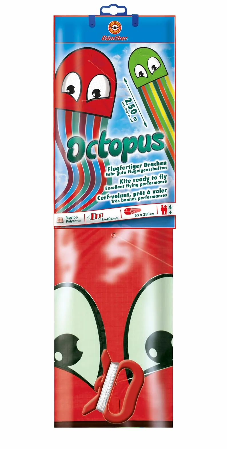 Günther Flugspiele 1163 - Latawiec jednolinkowy Octopus, ok. 250 x 33 cm, latawiec dla dzieci wykonany z wytrzymałego poliestru, z uchwytem i sznurkiem, wieku od 4 lat, w asortymencie w 2 kolorach