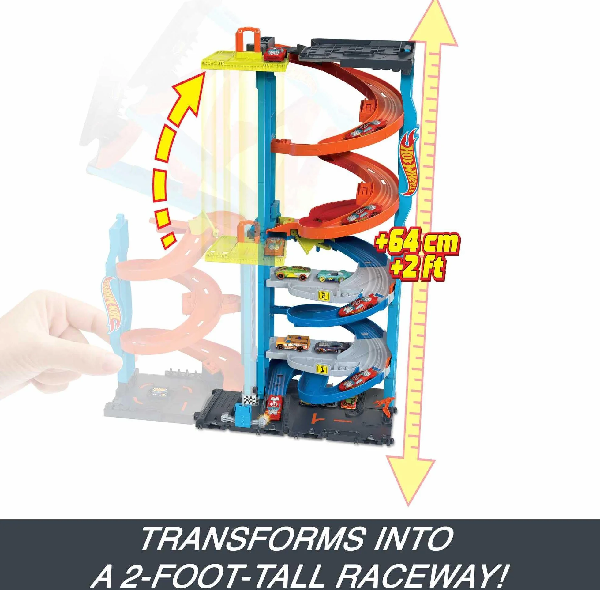 Hot Wheels City Wyścigowa wieża z transformacją Zestaw 2 w 1 z windą przekształcający się z pojedynczego wysokiego toru w podwójny HKX43