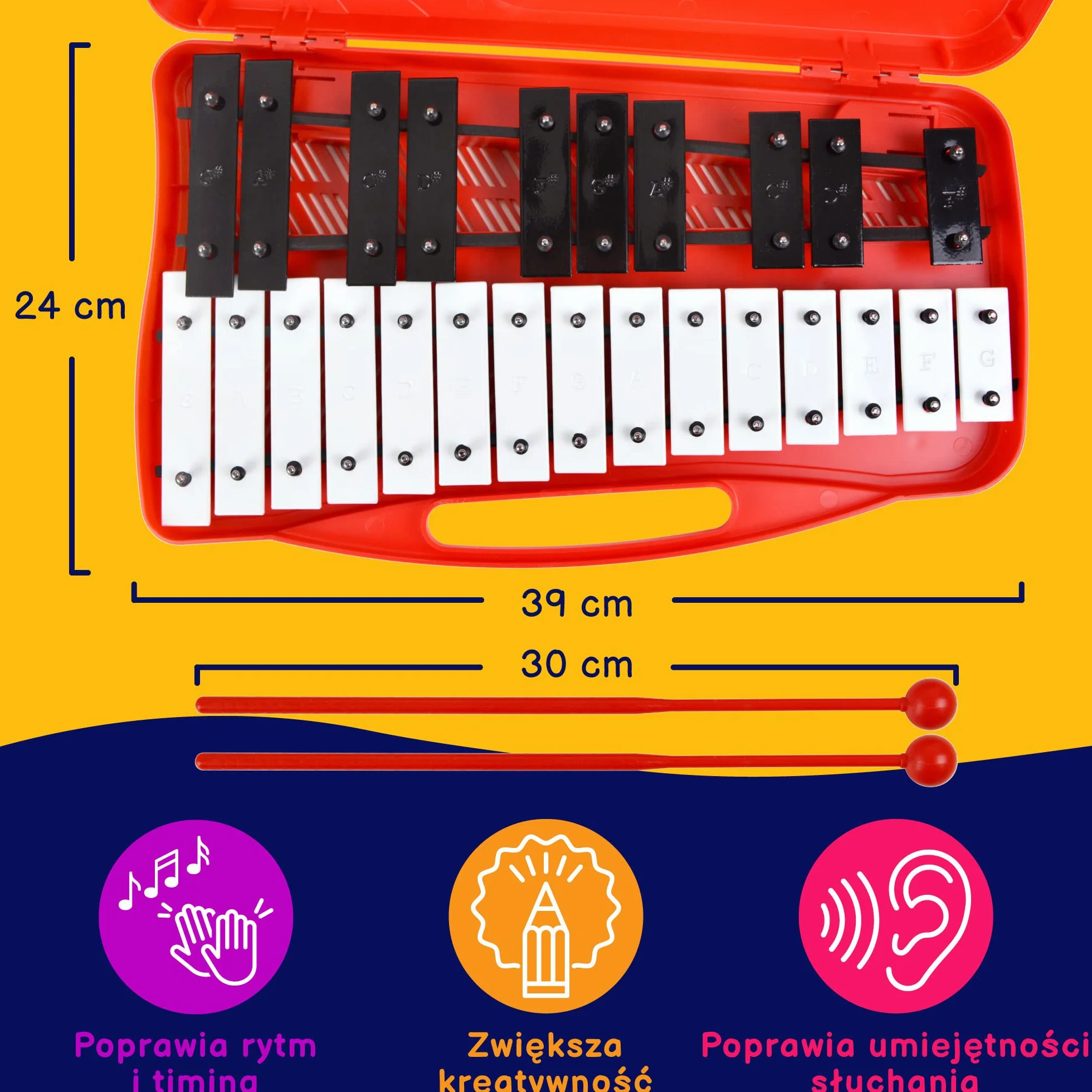 A-Star 25 Note Soprano Chromatic Glockenspiel Ksylofon w czerwonym etui z czarno-białymi klawiszami i dwoma plastikowymi bijakami - 2 oktawy G5 do G7