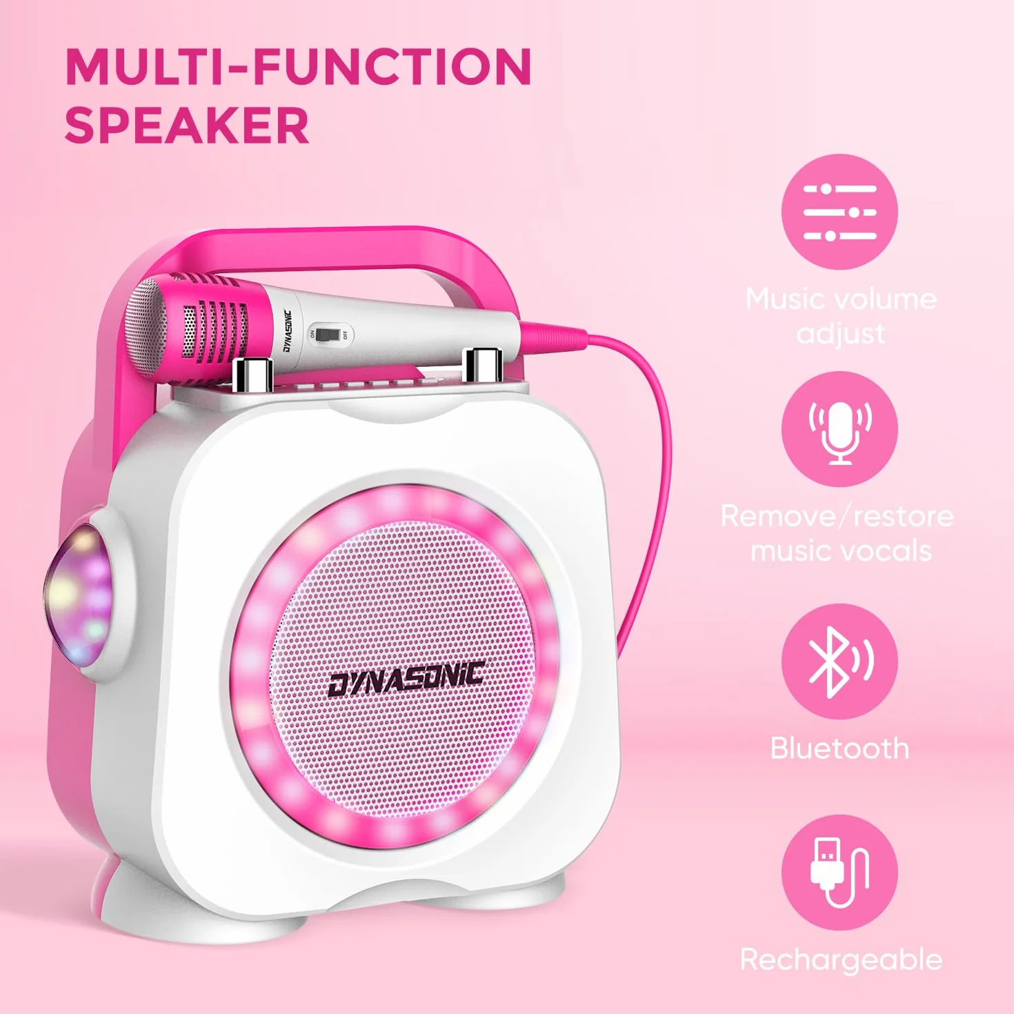 DYNASONIC Karaoke z mikrofonem, oryginalne prezenty dla dzieci dziewczynek, głośnik, zabawki dziewczyna 4-13 lat (niebieski) (Pink)