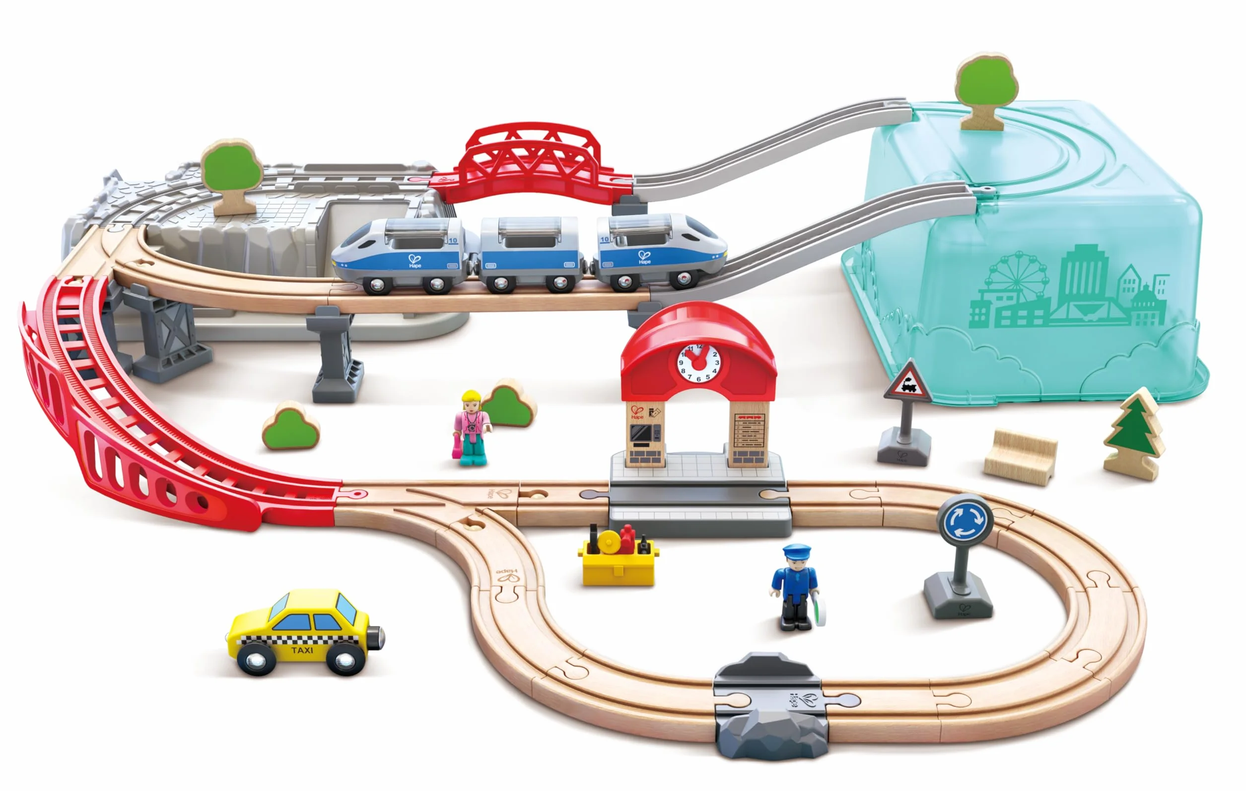 Hape Eisenbahnwelt zestaw do zabawy z pudełkiem do przechowywania, 48 części, na 3 lata