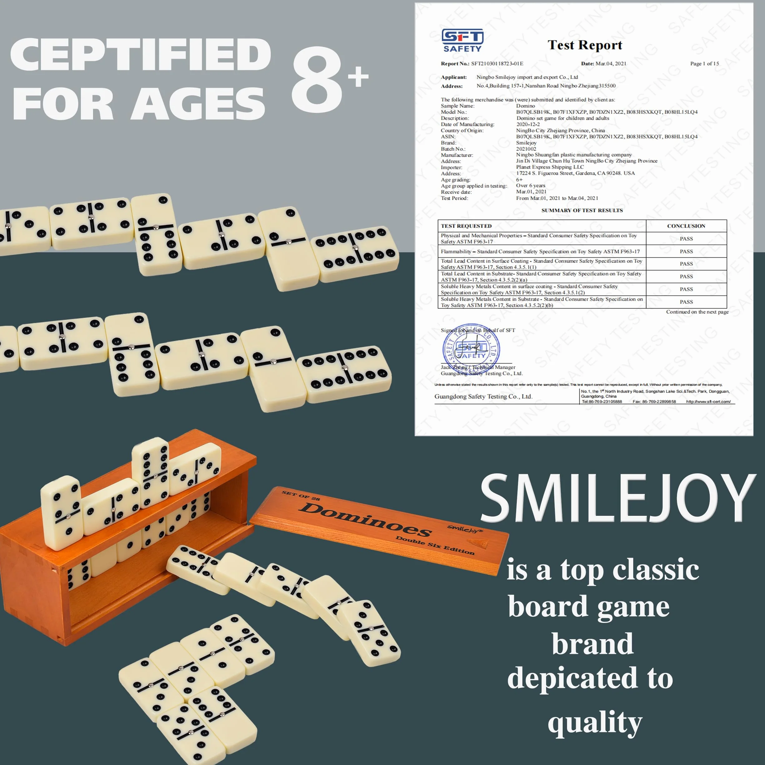 Smilejoy Zestaw domino dla dorosłych, zestaw domino w rozmiarze Jumbo do klasycznych gier planszowych, duży rozmiar podwójny, 6 domino, zestaw 28 sztuk, z brązowym drewnianym pudełkiem Deluex (2-4