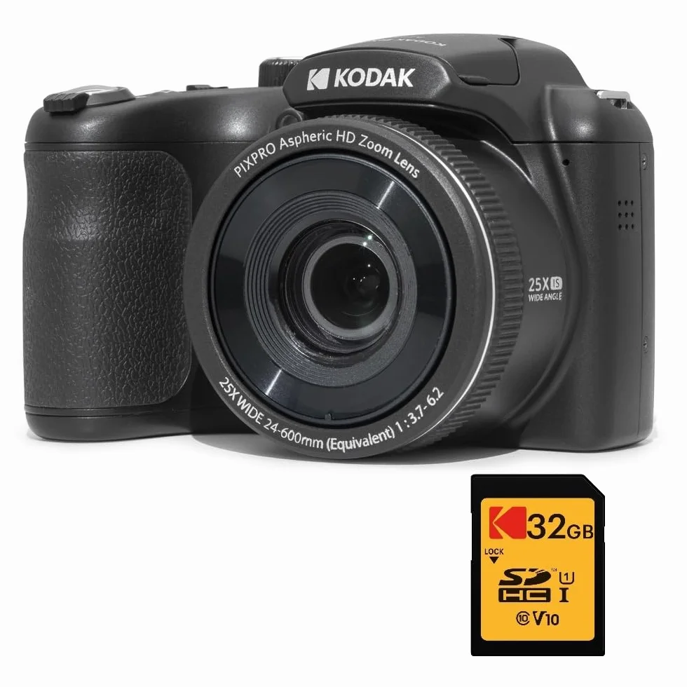 KODAK Pixpro Astro Zoom AZ255 + karta pamięci SD 32 GB - aparat cyfrowy 16 MP, 25-krotny zoom, wideo HD 1080p, szeroki kąt 24 mm, ekran LCD 3, bateria AA - czarna