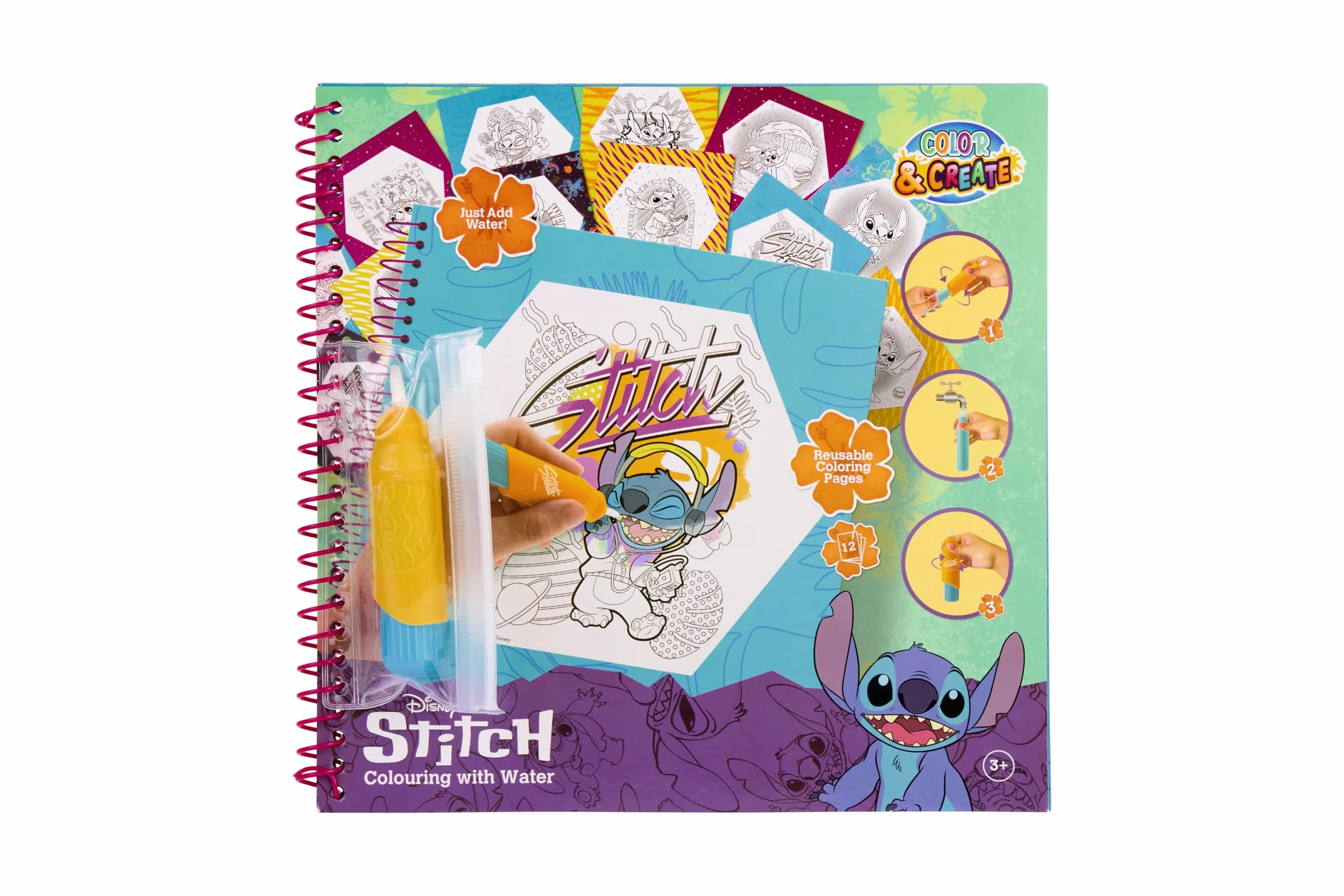 Disney Stitch kolorowanka z wodą, kolorowanka wodna, wielokrotnego użytku dla dzieci od 3 lat, z pisakiem wodnym do ponownego napełniania, 12 stron do kolorowania, prezenty Lilo i Stitch, zestaw do