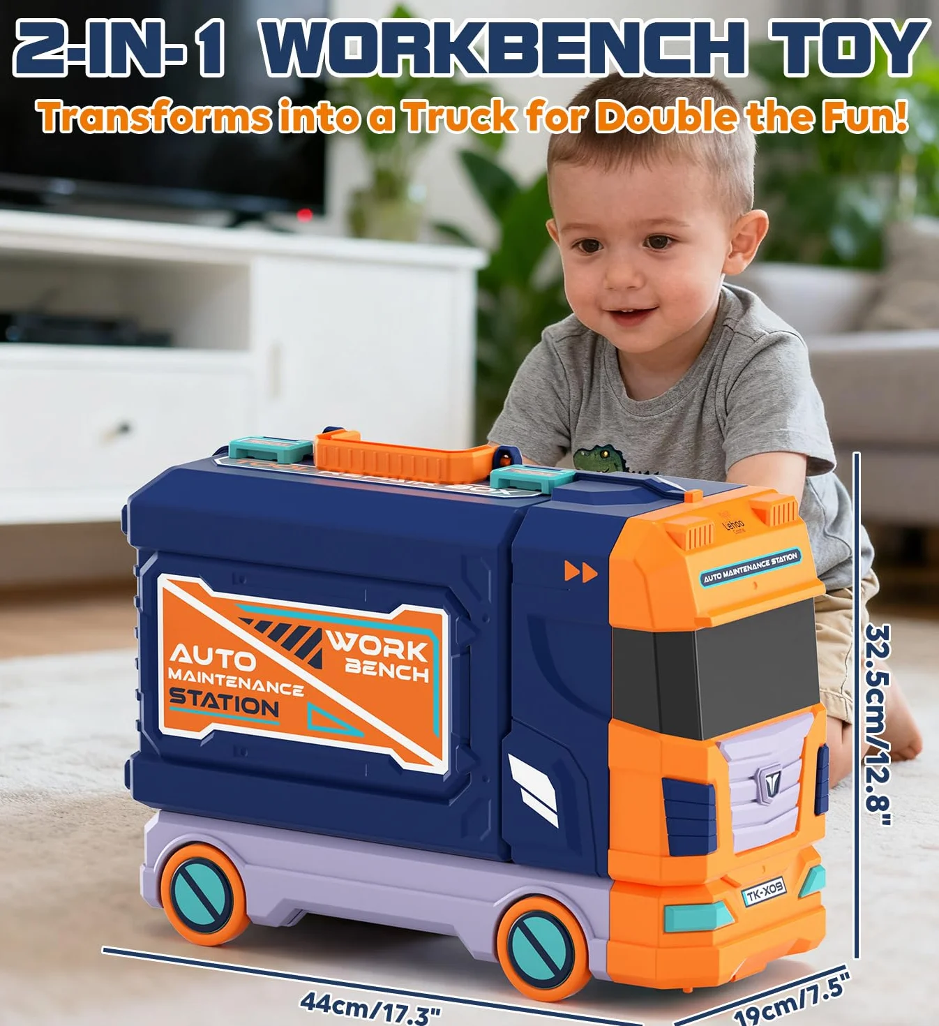 Lehoo Castle Stół warsztatowy dla dzieci 83 cm, duży format, przekształcalna ciężarówka z elektrycznym narzędziem, młot udarowy z oświetleniem i dźwiękiem, walizka na narzędzia, zabawka edukacyjna