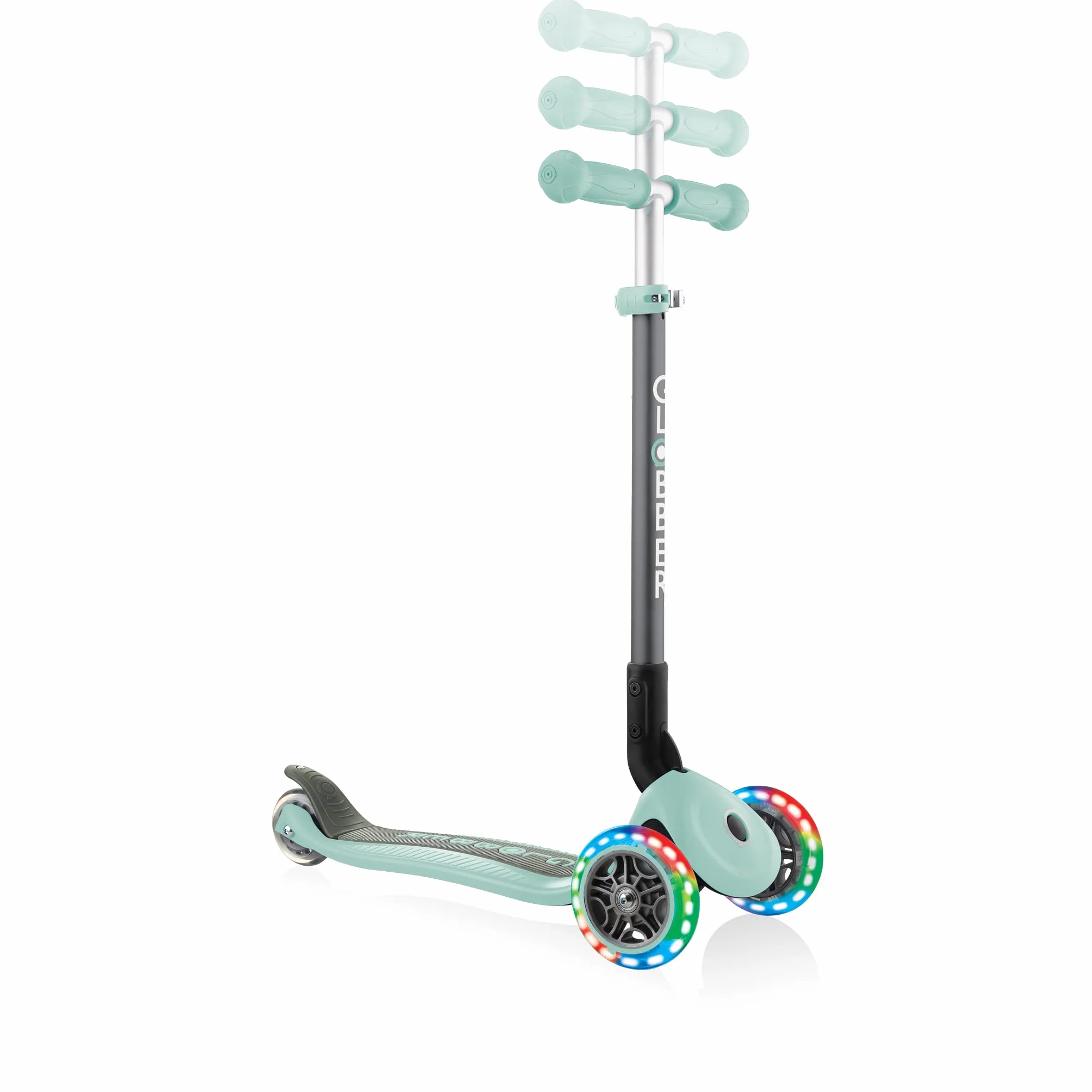Globber - Primo Foldable Lights - składana hulajnoga, podświetlana z 3 kołami dla dzieci w wieku od 3 do 7 lat +, pastelowa zieleń