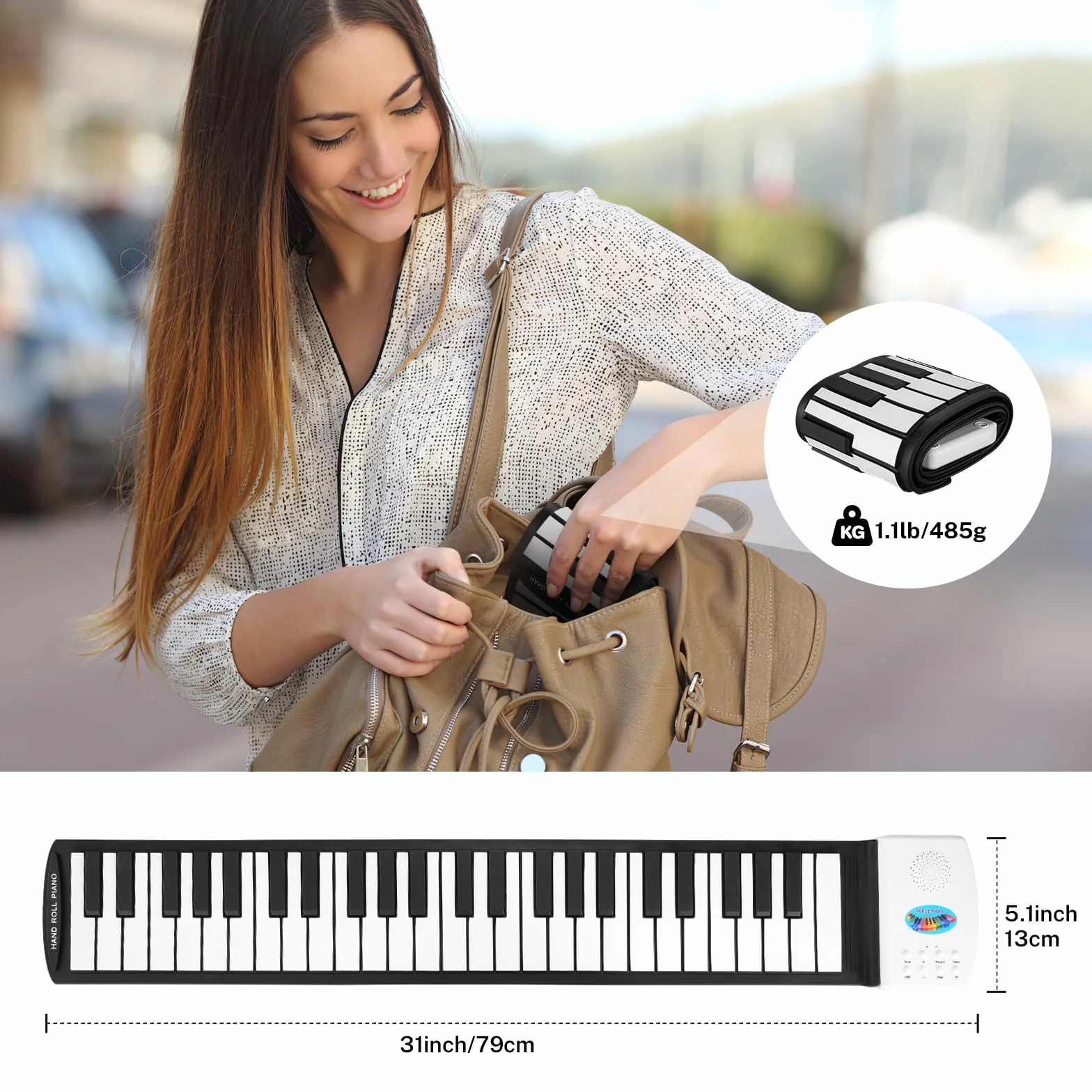 POGOLAB 49 klawiszy, ręcznie zwijana klawiatura, pianino cyfrowe, elektryczne składane pianino z 47 tonami, 14 demo, 128 rymowanek, mikrofonowe gniazdo słuchawkowe, przenośne, ładowalne, mini pianino