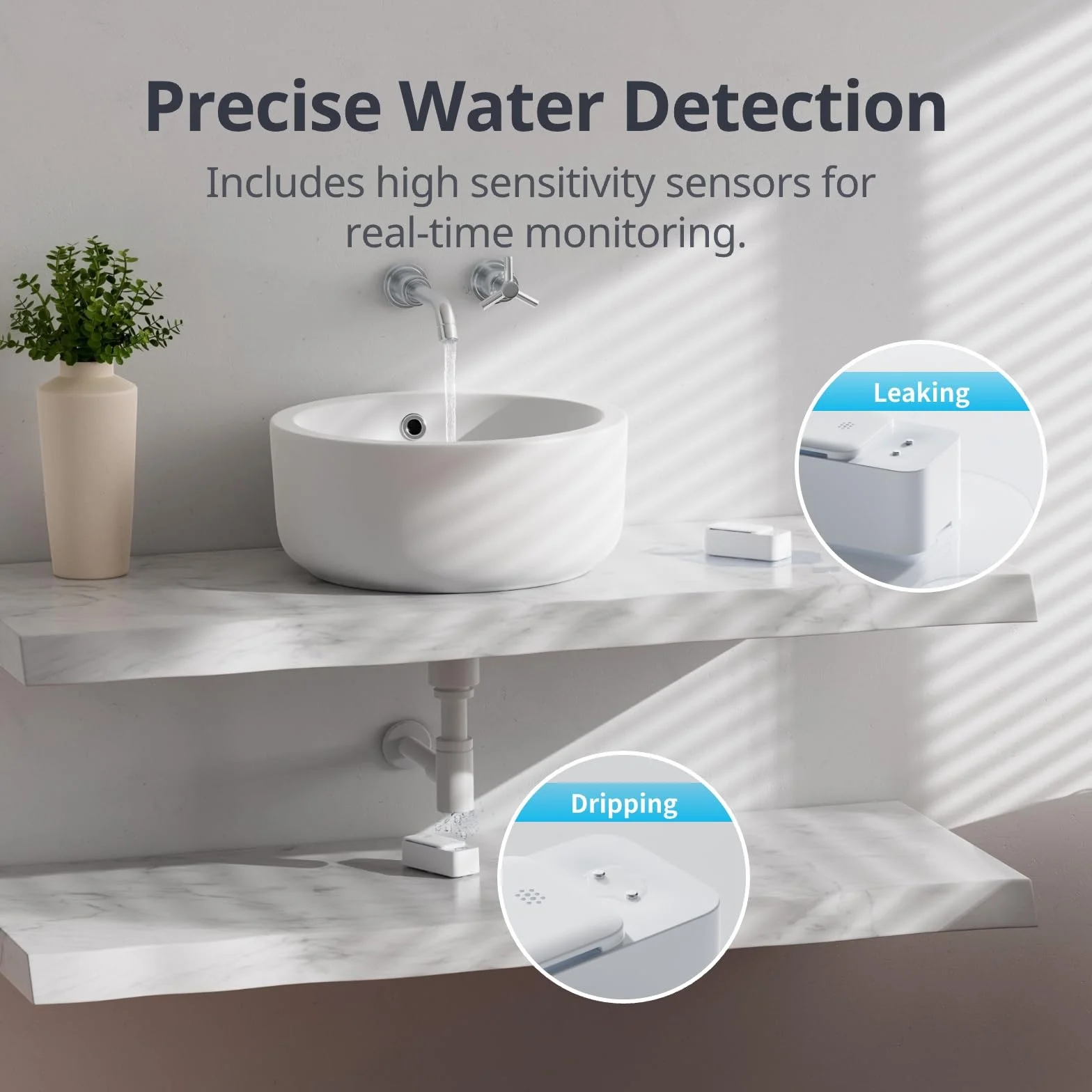 SwitchBot Czujnik wycieku wody, Wi-Fi, nie wymaga hubu, inteligentny, regulowany alarm 100 dB, aplikacja, wodoodporność IP67, bezprzewodowy, do kuchni, łazienki, piwnicy, obsługa 2,4G