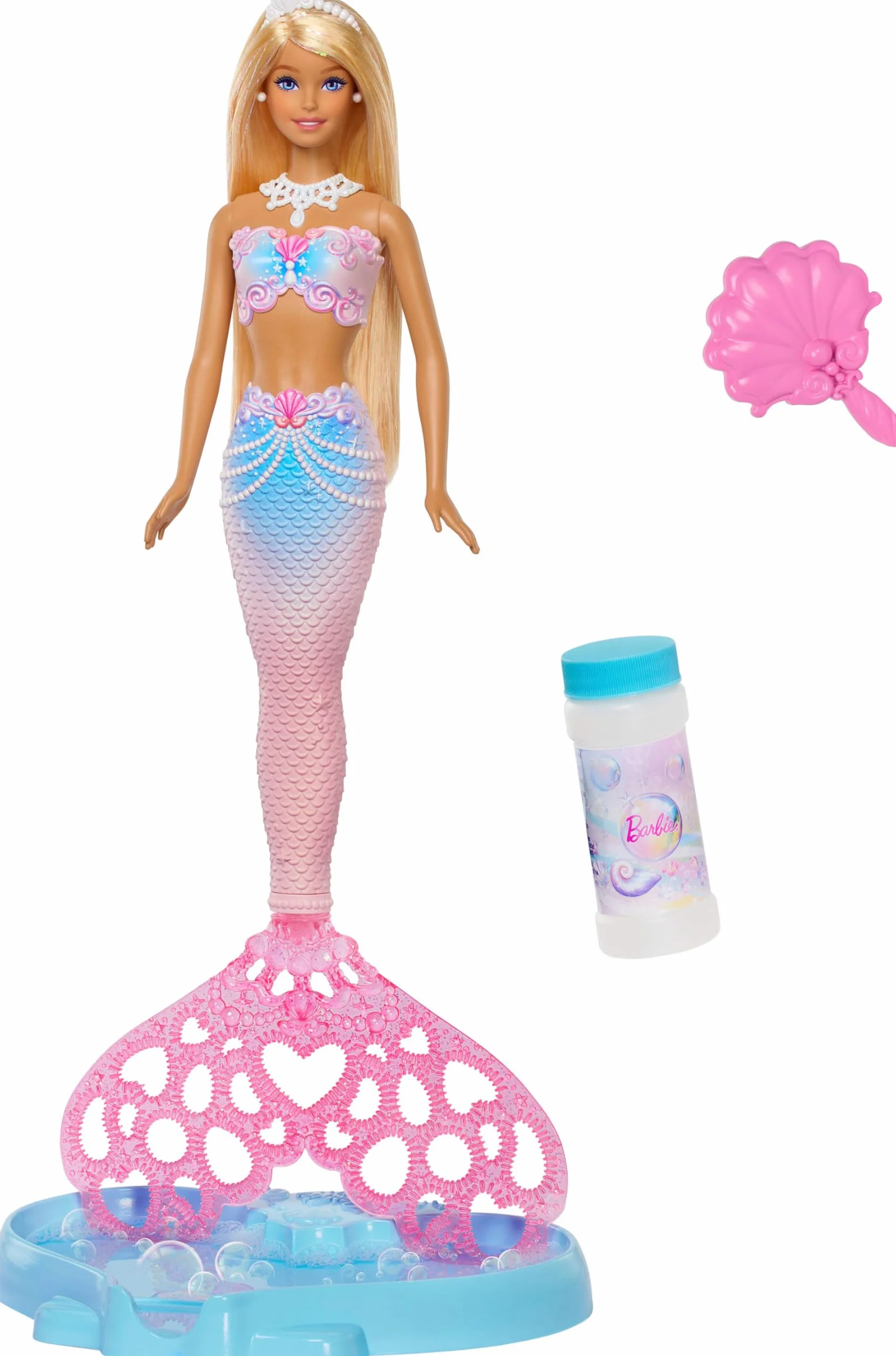 Barbie Lalka Bąbelkowa syrenka Magiczne bańki (długie blond włosy, lśniące pasemka), funkcja robienia baniek, płyn do baniek, tacka i szczotka do włosów, zestaw zabawka dla dzieci 3+, JLW56