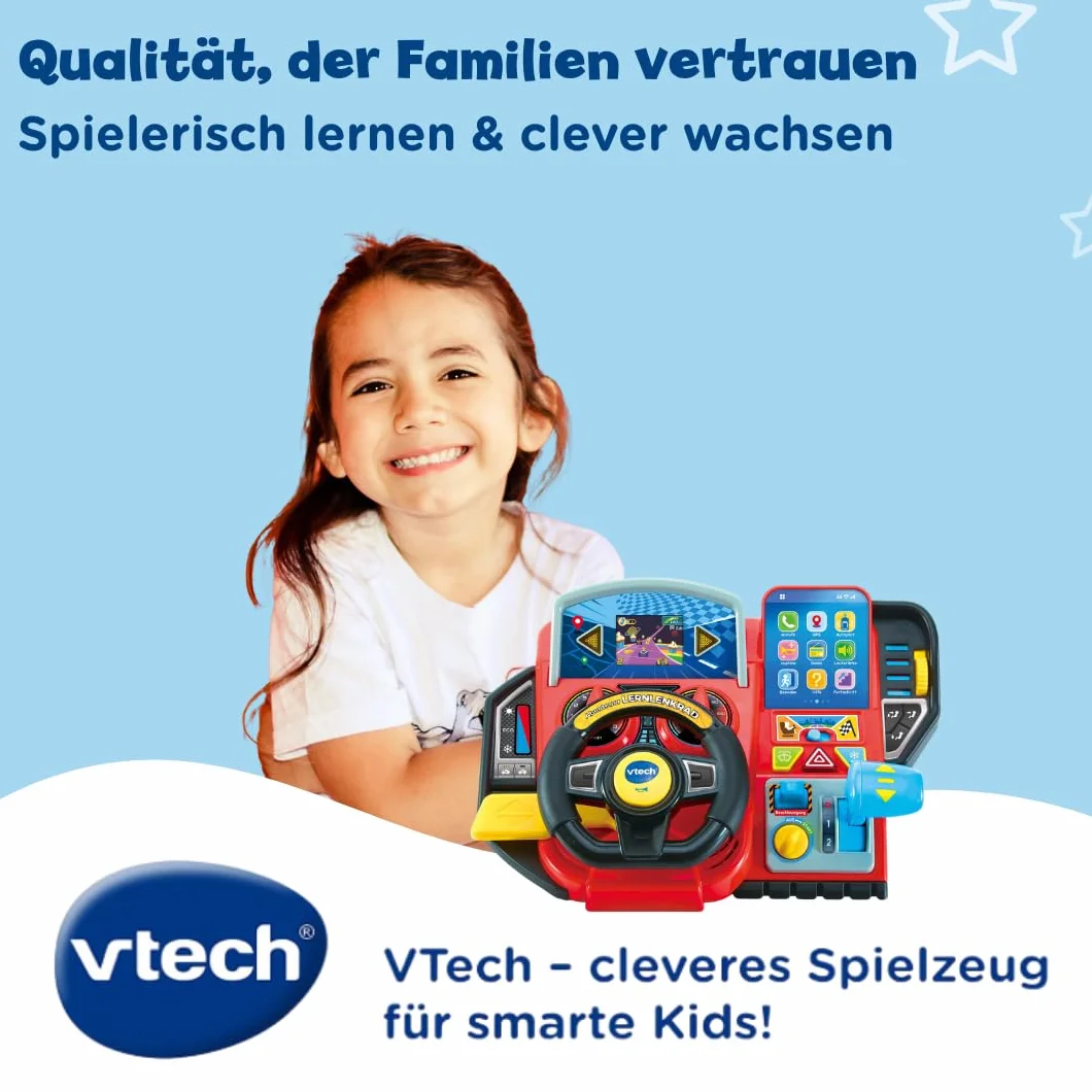 VTech Przygodowa kierownica do nauki – interaktywna kierownica z kolorowym ekranem LCD, 3 tryby gry, liczne treści edukacyjne i 23 melodie – dla dzieci w wieku 3-7 lat