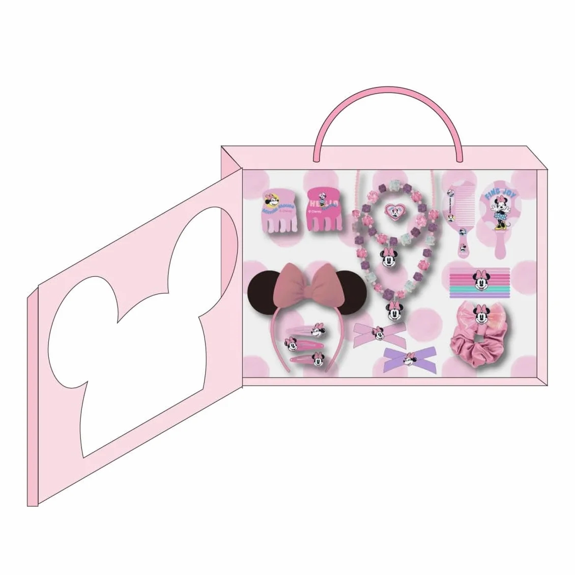 Zestaw urody Myszki Minnie - zawiera 1 tasiemkę do włosów, 10 opasek do włosów, 2 pęsety, 3 spinki do włosów, 2 pędzle, 1 opaskę, 1 naszyjnik, 1 bransoletkę i 1 pierścionek - oryginalny produkt