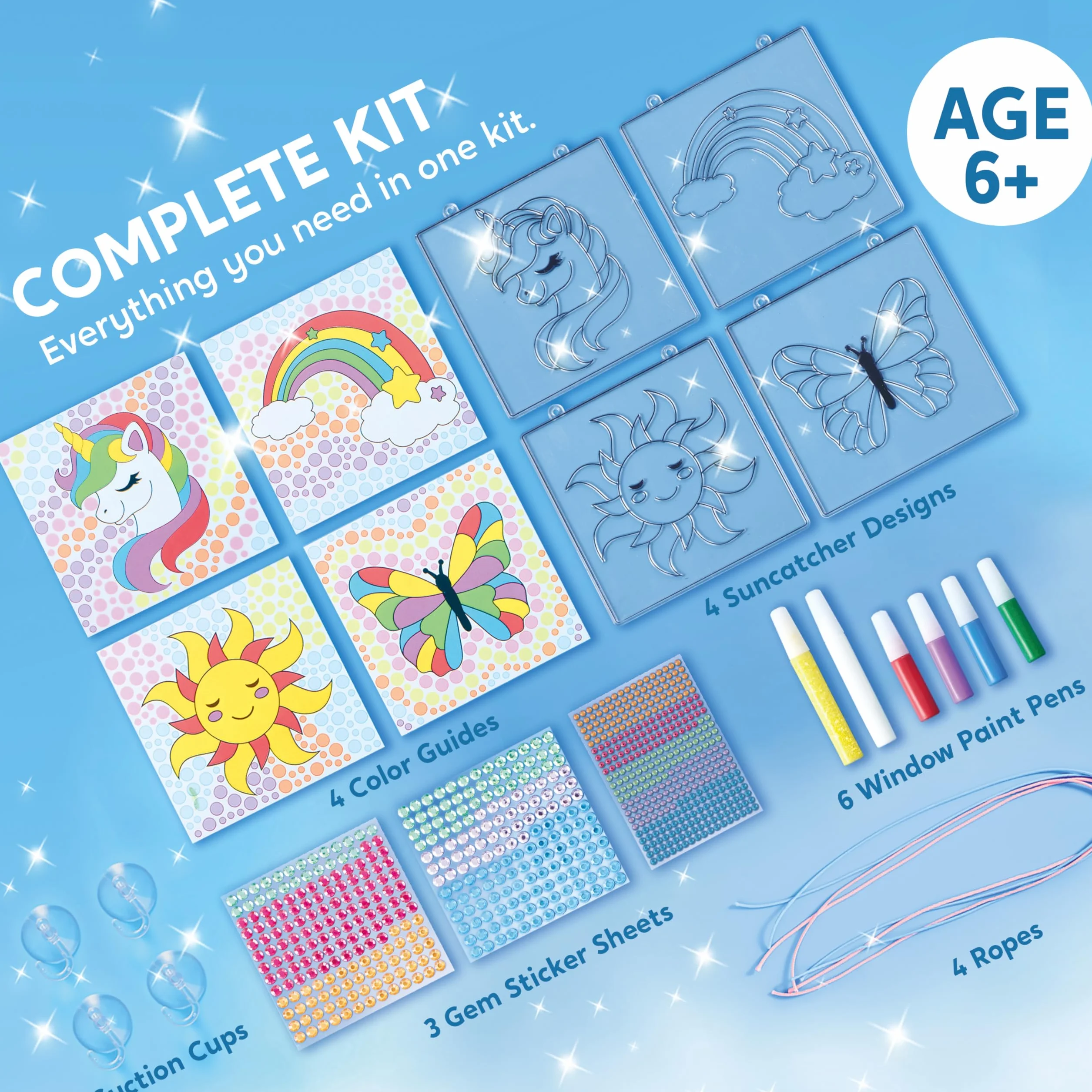 Klever Kits Zestaw do robótek Suncatcher dla dzieci w wieku 6 7 8 9-12 lat, 4-częściowy zestaw do malowania klejnotów: Słońce, Jednoróg, Motyl, Tęcza z oknem, długopisy, prezent urodzinowy dla