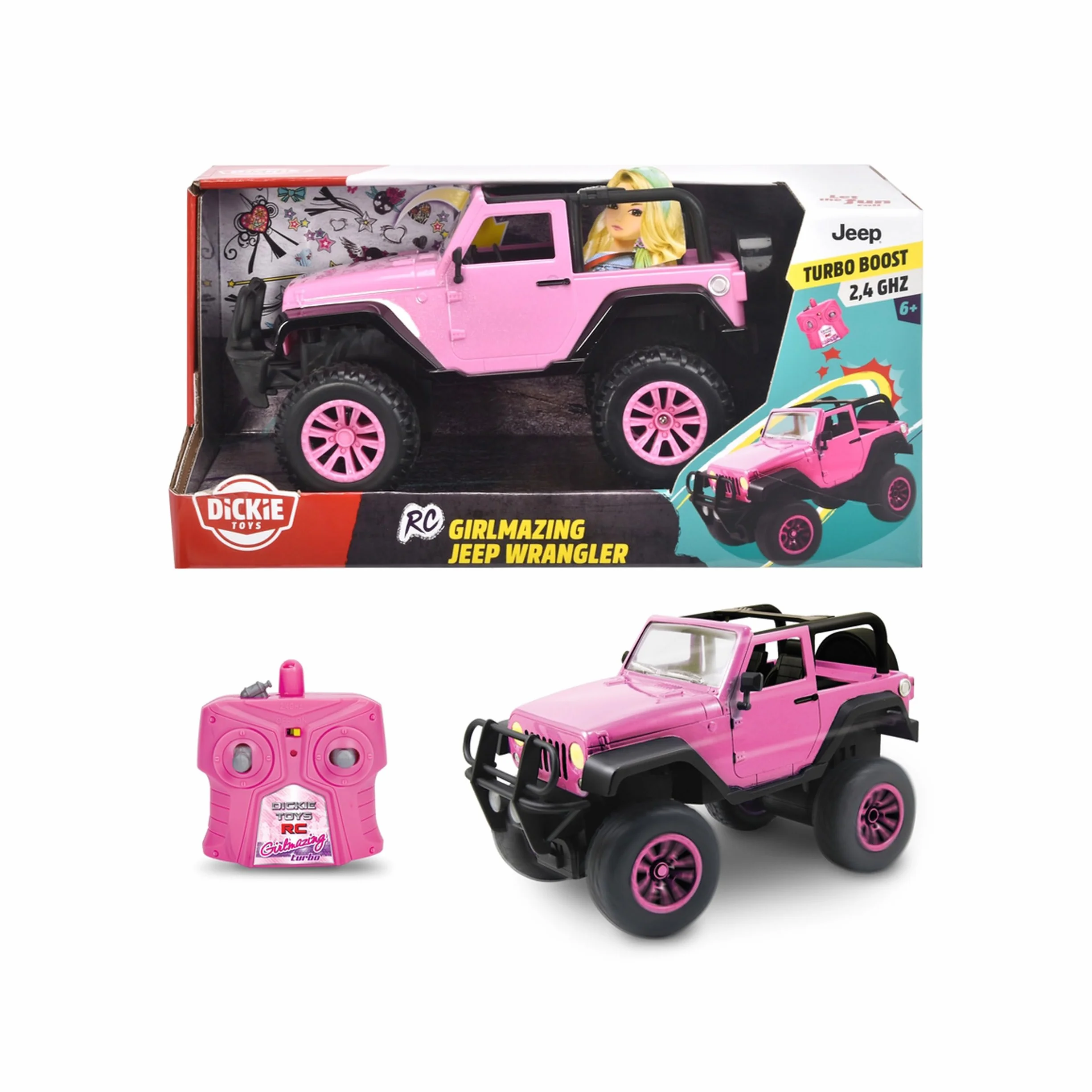 Dickie Toys RC SUV Girlmazing samochód zdalnie sterowany Jeep Wrangler, z 2 kanałami, 2,4 GHz, Turbo, w zestawie naklejki, od 6 lat, błyszczący metaliczny róż.
