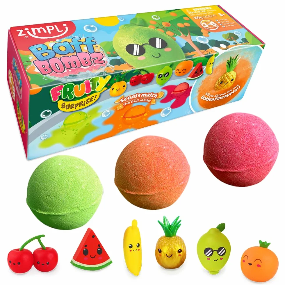 ZIMPLI 3 x duże kule do kąpieli 100 g o owocowym zapachu, 1 z 6 zabawek do zebrania, zabawka do kąpieli dla dzieci, drobny upominek, urodziny