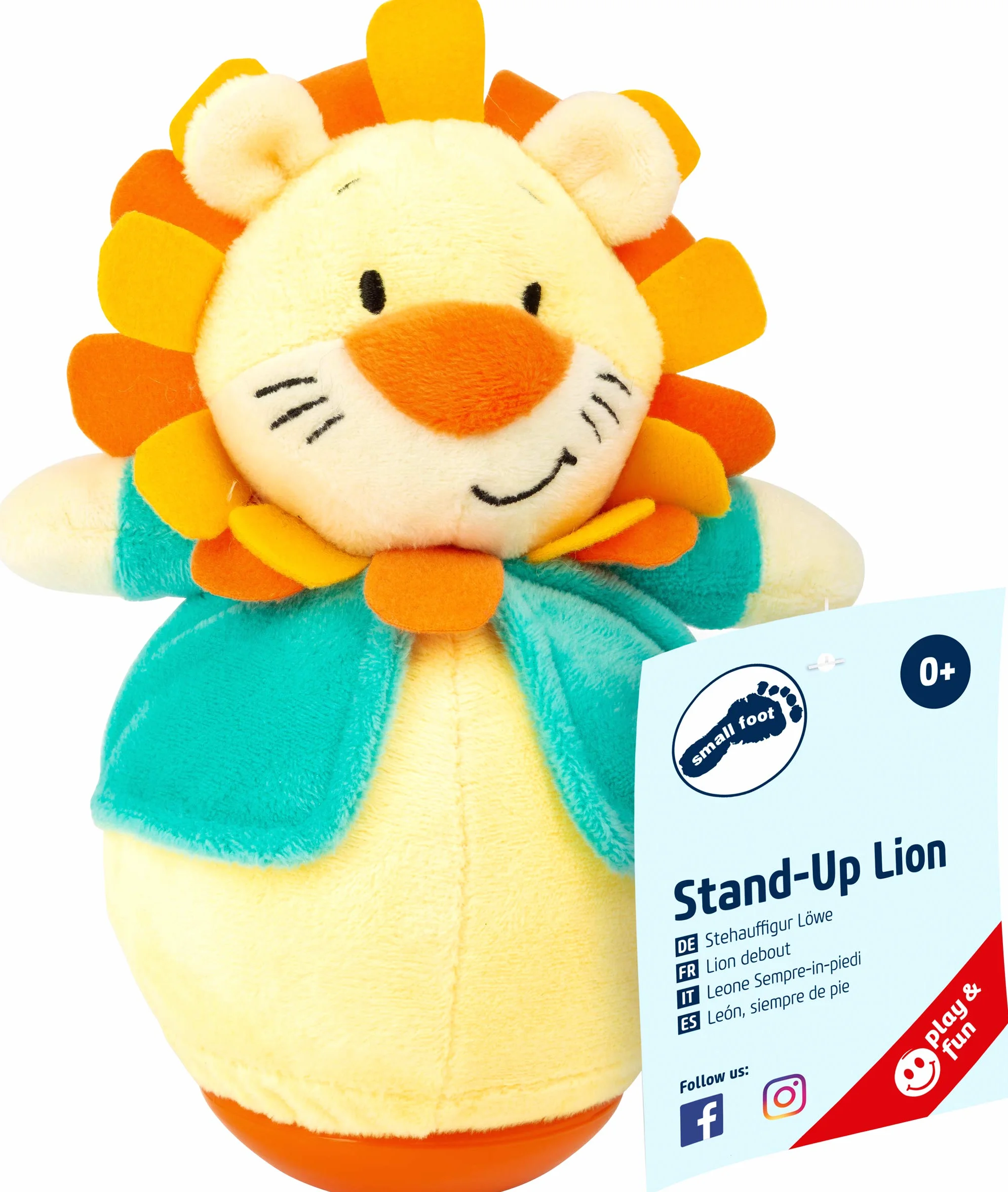 Small Foot 11426 Roly-Poly Lion, zabawne stojące pluszowe zwierzę do chwytania i dotykania, zabawka do nauki, wielokolorowe