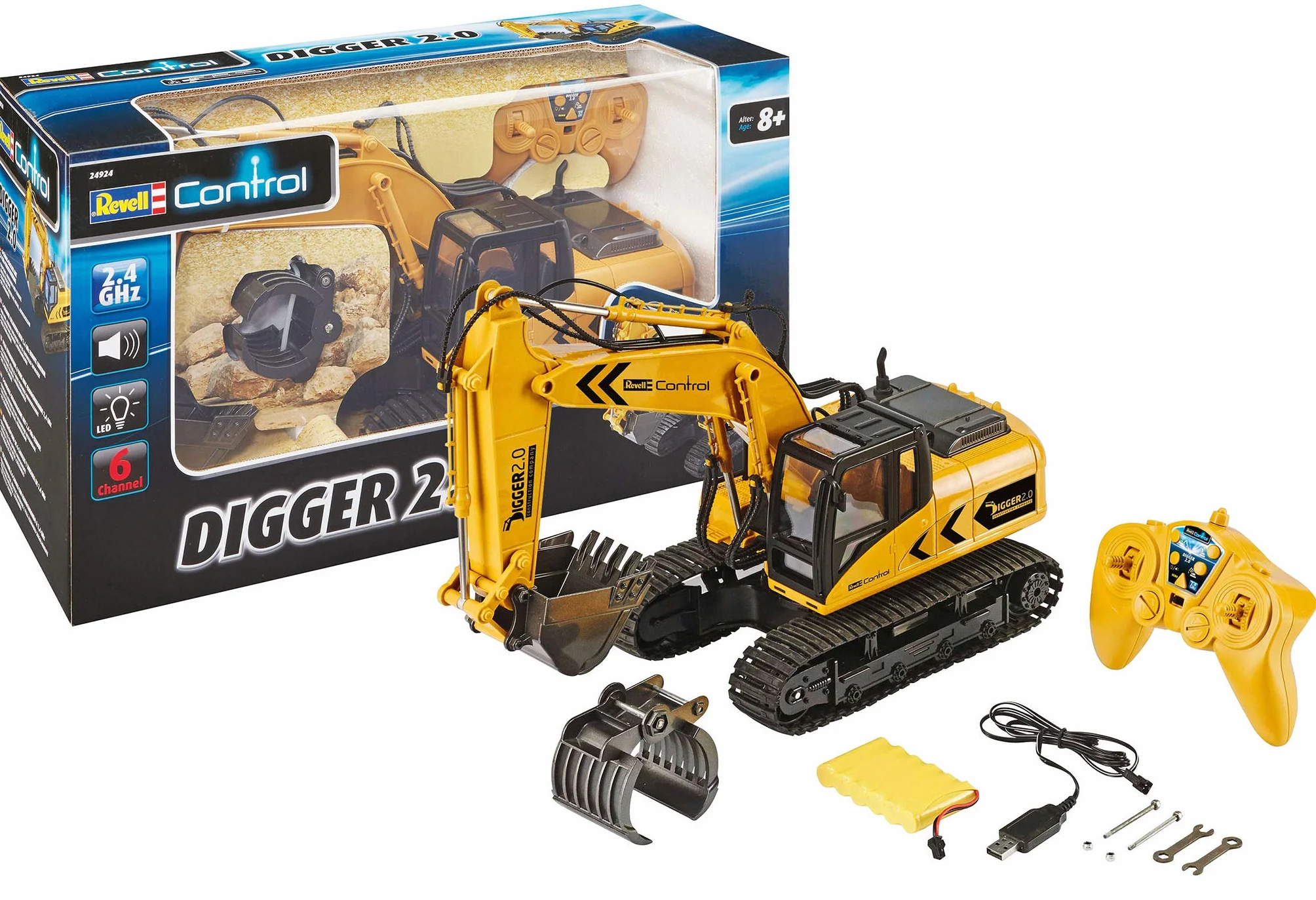 Revell Control 24924 RC koparka gąsienicowa Digger 2.0, napęd łańcuchowy, wymienna szufla i chwytak do drzew, nadaje się do użytku na zewnątrz, zdalnie sterowana koparka z akumulatorem, 2,4 GHz, żółta