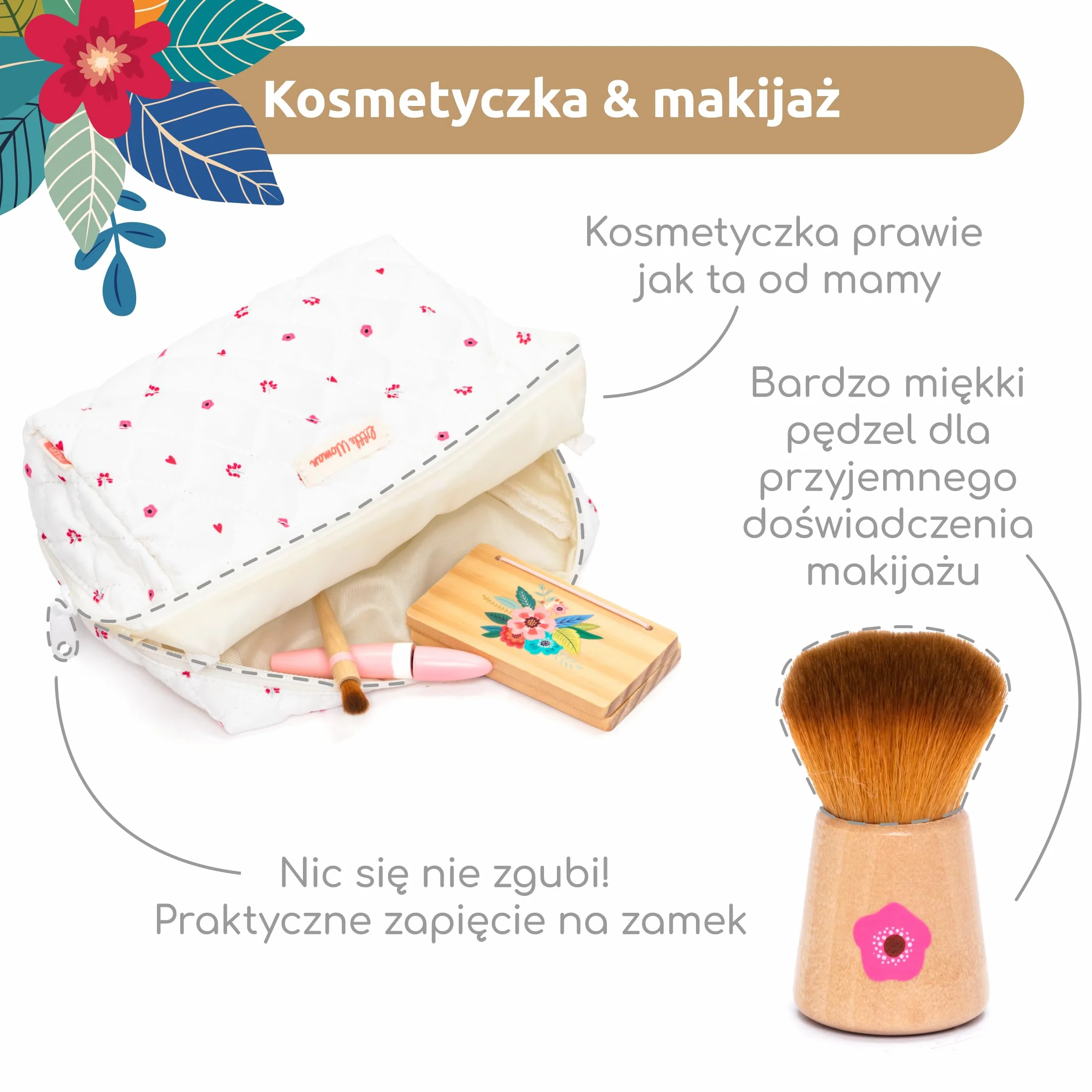 UMU® zestaw do makijażu dla dzieci z drewna – zestaw kosmetyczny i do makijażu z kosmetykami, pomadką do ust, perfumami, pudrem i torebką kosmetyczną – zabawka do makijażu dla dziewczynek od 3, 4, 5
