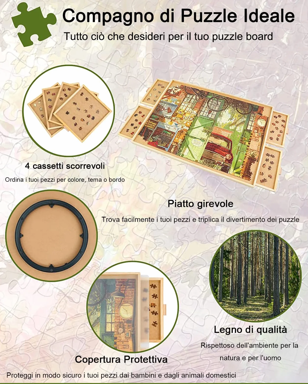 1500 elementów obrotowa deska do puzzli z szufladami i pokrywą, 87 x 64 cm - przenośny stół do puzzli dla dorosłych, taca obrotowa Lazy Susan