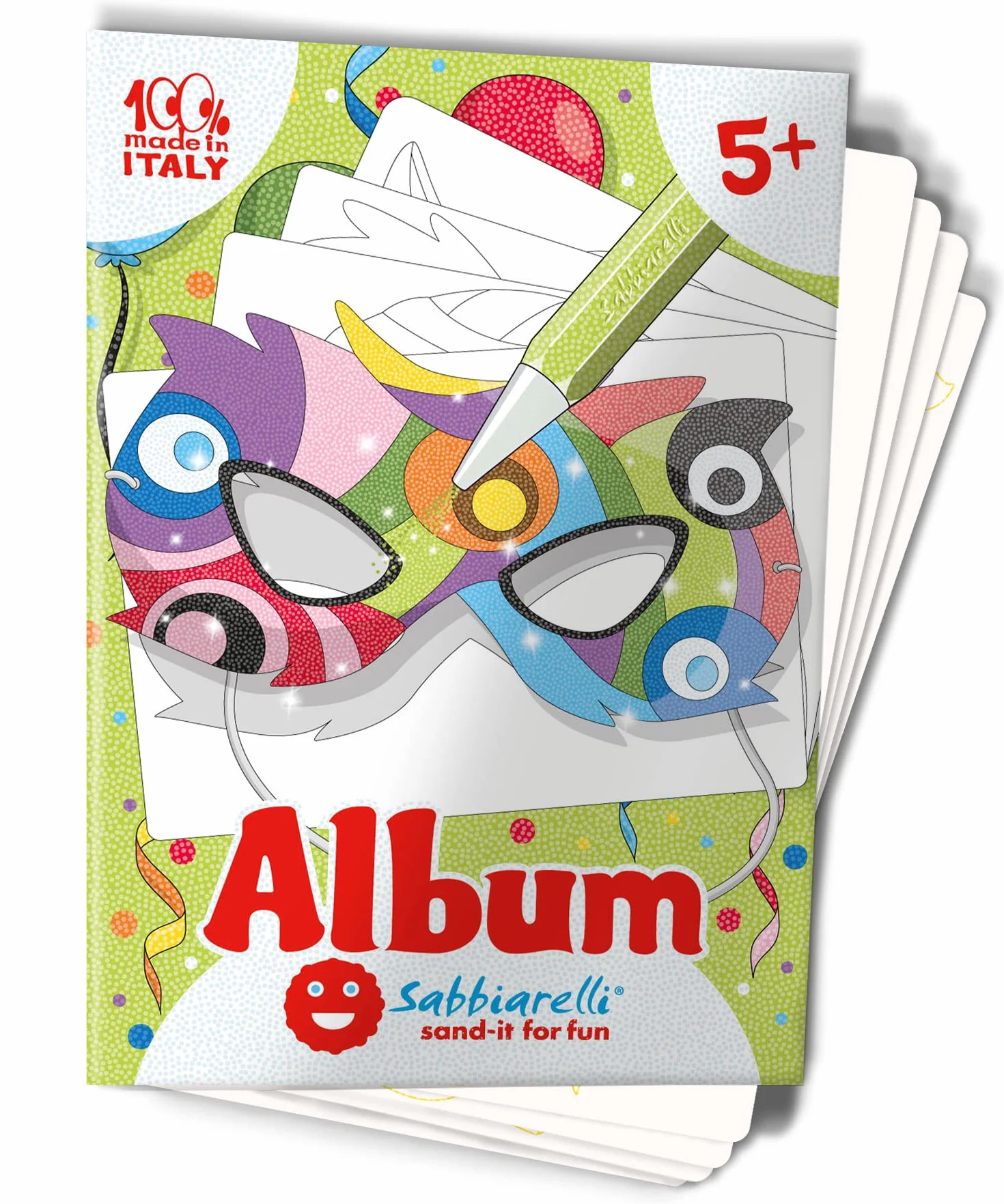 Sabbiarelli Sand-it For Fun – Album Maski – 4 Karty Samoprzylepne A5 do Sand Art z 4 Maskami z Gumkami | KOLOROWY PIASEK NIE JEST DOŁĄCZONY | Karnawał dla Dzieci 5-12 Lat