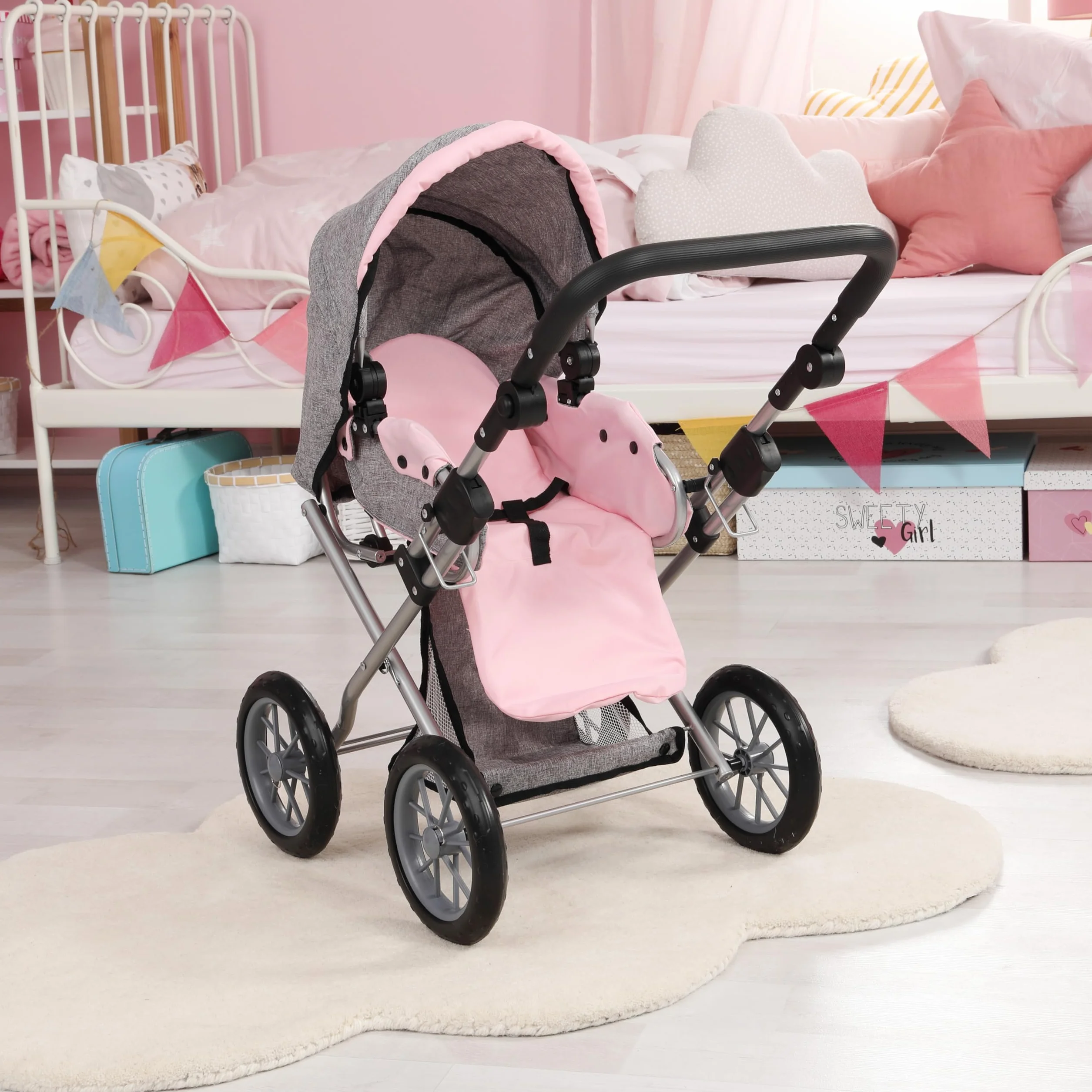 Bayer Design 13633AA Wózek dla lalek City Star combi, zdejmowaną gondolą i torbą na ramię, regulacją wysokości, wymienic na wózek do joggingu, niebieski, szary, motylkiem