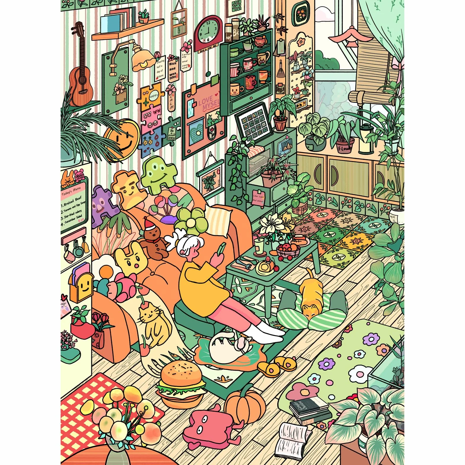 HUADADA Puzzle 1000 elementów, 1000 elementów, dla dorosłych, interaktywne puzzle rodzinne, klasyczne, na prezent, przytulny, mały świat