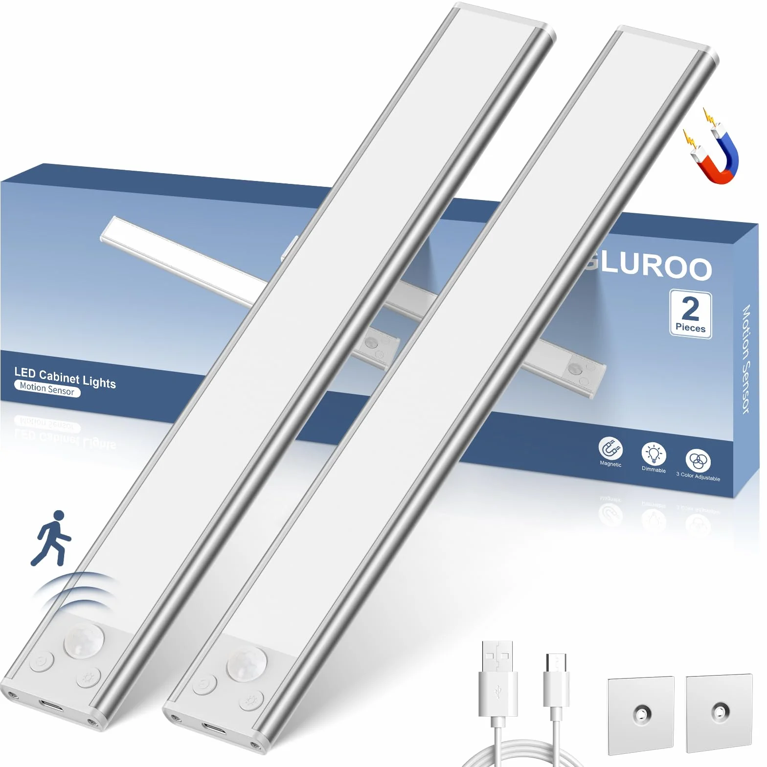 GLUROO Oświetlenie szafki LED z czujnikiem ruchu 30CM, 3 kolory, ciągłe przyciemnianie, oświetlenie pod szafką kuchenną USB C z możliwością ładowania, oświetlenie szafki do sypialni, opakowanie 2 szt