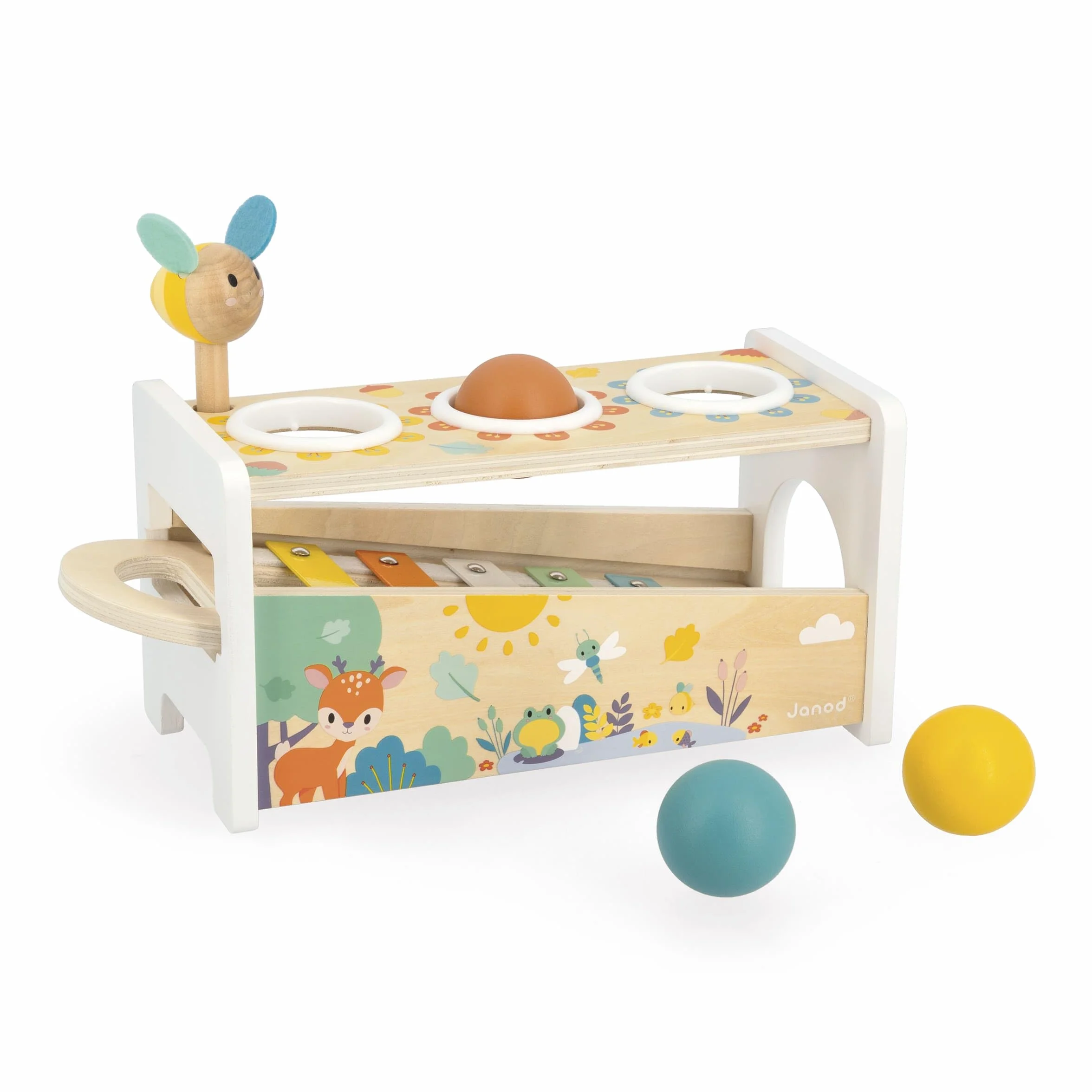 Janod Tap Tap Xylo Pure 2-in-1 Baby Musical Instrument - Awakening and Educational Game - Wooden Toy with 3 Balls + Hammer + Xylophone - From 12 Months Old, J05155