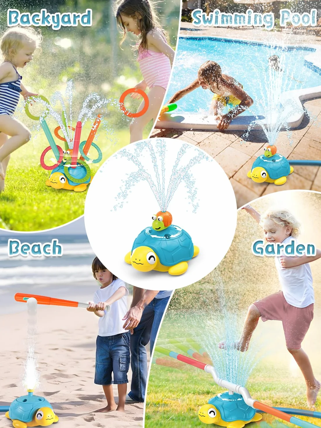 4 w 1 zabawki dla dzieci zraszacz wody żółw, zabawki outdoorowe z rozpryskami ślimaka, rzut pierścieniem, gra w baseball i gra na płotkach, spray do kołysania 360°, dla dzieci, chłopców, dziewcząt, 3