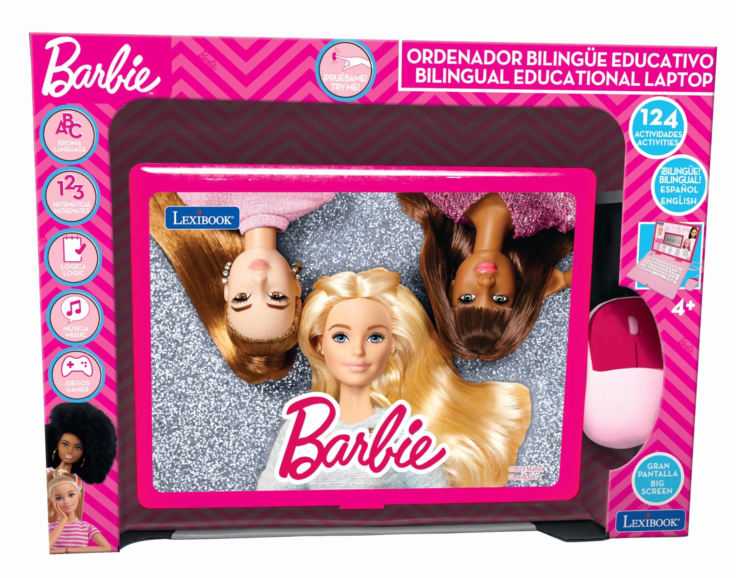 LEXIBOOK, Barbie, komputer edukacyjny i dwujęzyczny angielski/hiszpański, zabawka dla dzieci z 124 zajęciami do nauki, grania i słuchania muzyki, różowy, JC598BBi2