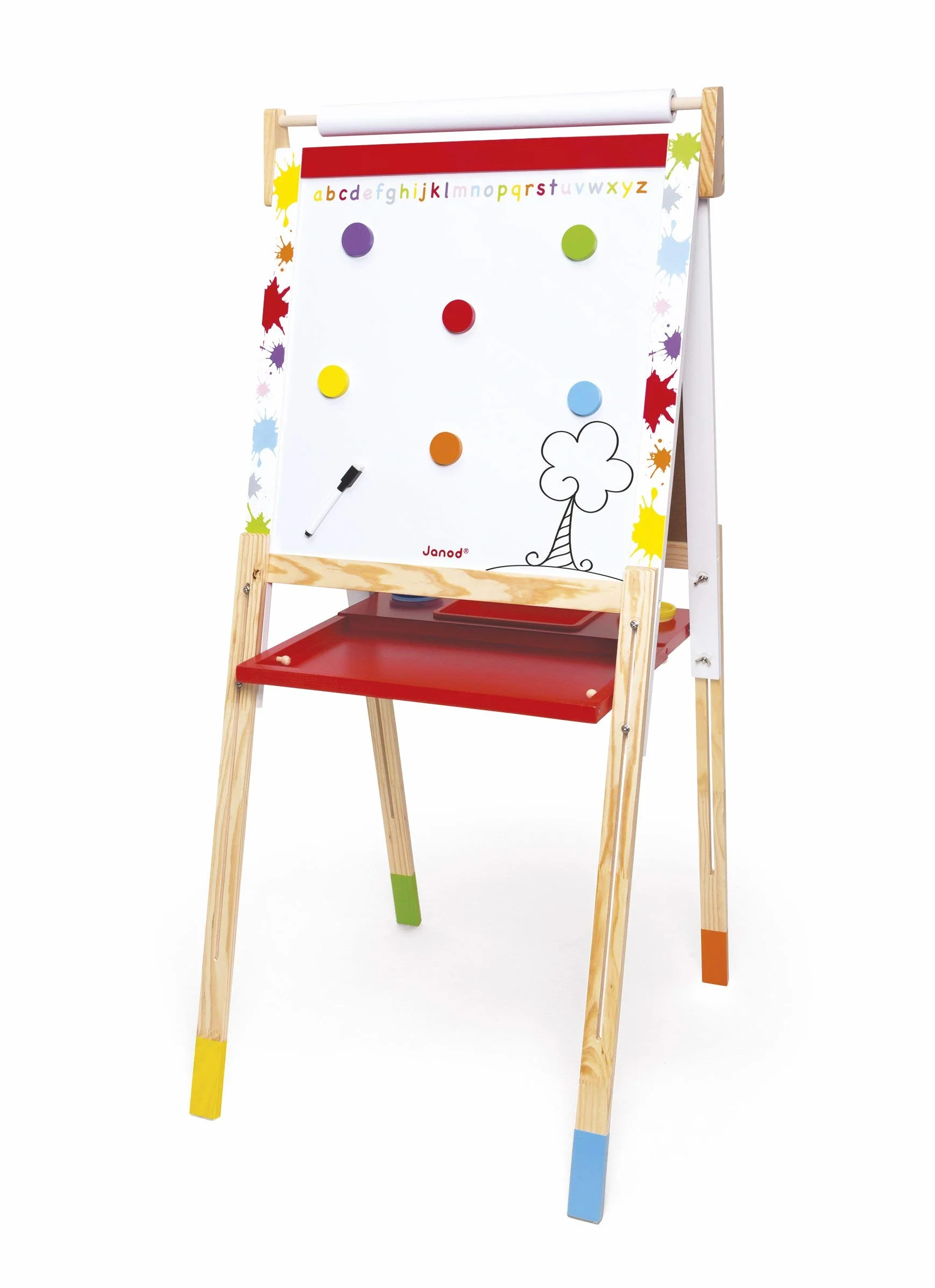 Janod Kids Wooden Double Sided Easel ‘Splash’ - Dynamic, Height Adjustable - Magnetic Whiteboard + Chalk Board - Including 13 Accessories - From 3 Years Old, J09611