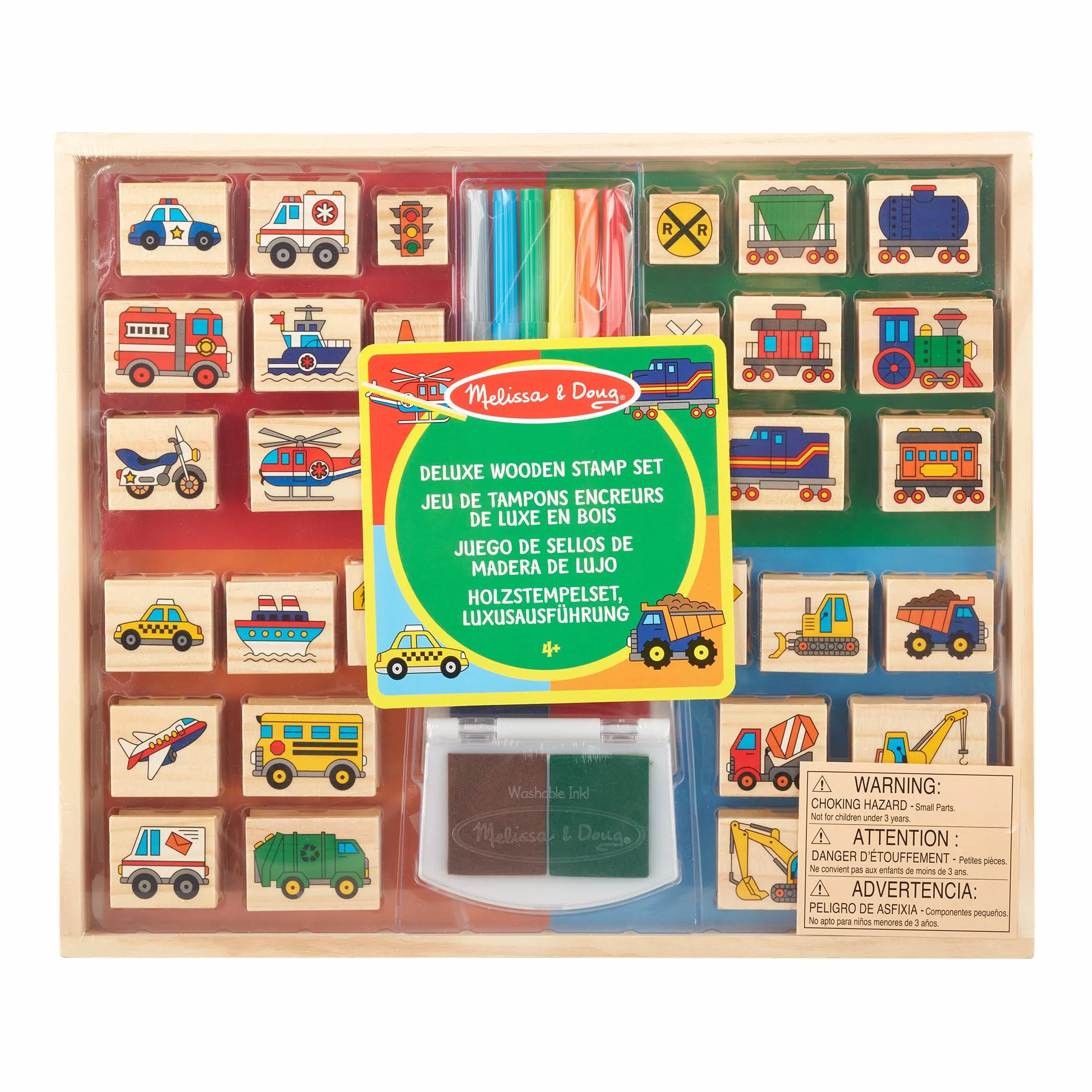 Melissa & Doug 41901 Zestaw drewnianych pieczątek Deluxe - Pojazdy | Sztuka i rzemiosło | 3+ | Prezent dla chłopca lub dziewczynki