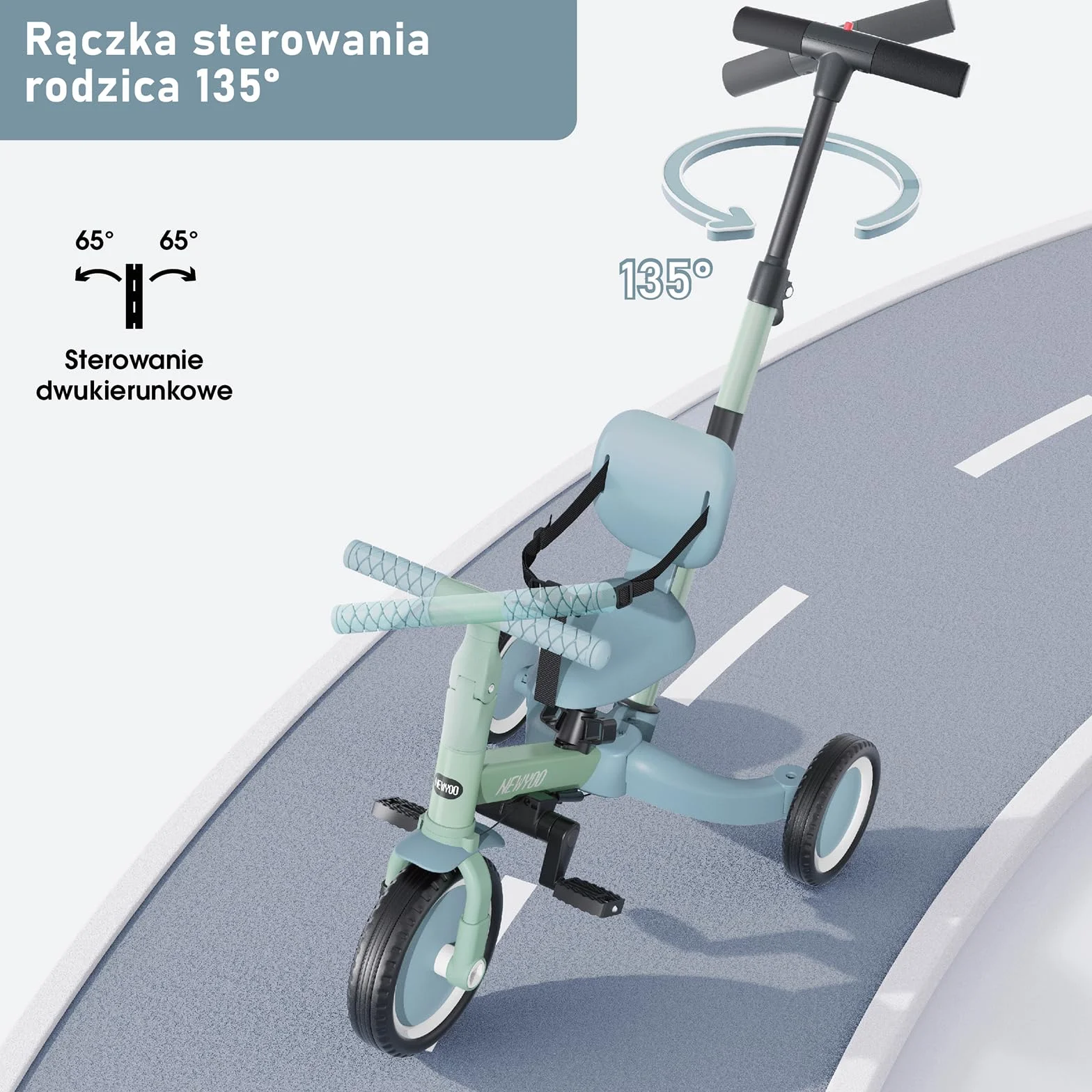 newyoo Trójkołowiec z rączką dla rodzica, dzieci 1-3 lat, rowerek biegowy, prezent urodzinowy i zabawka do jazdy, 5 w 1, rowerek z pasem bezpieczeństwa, Zielony, TR007
